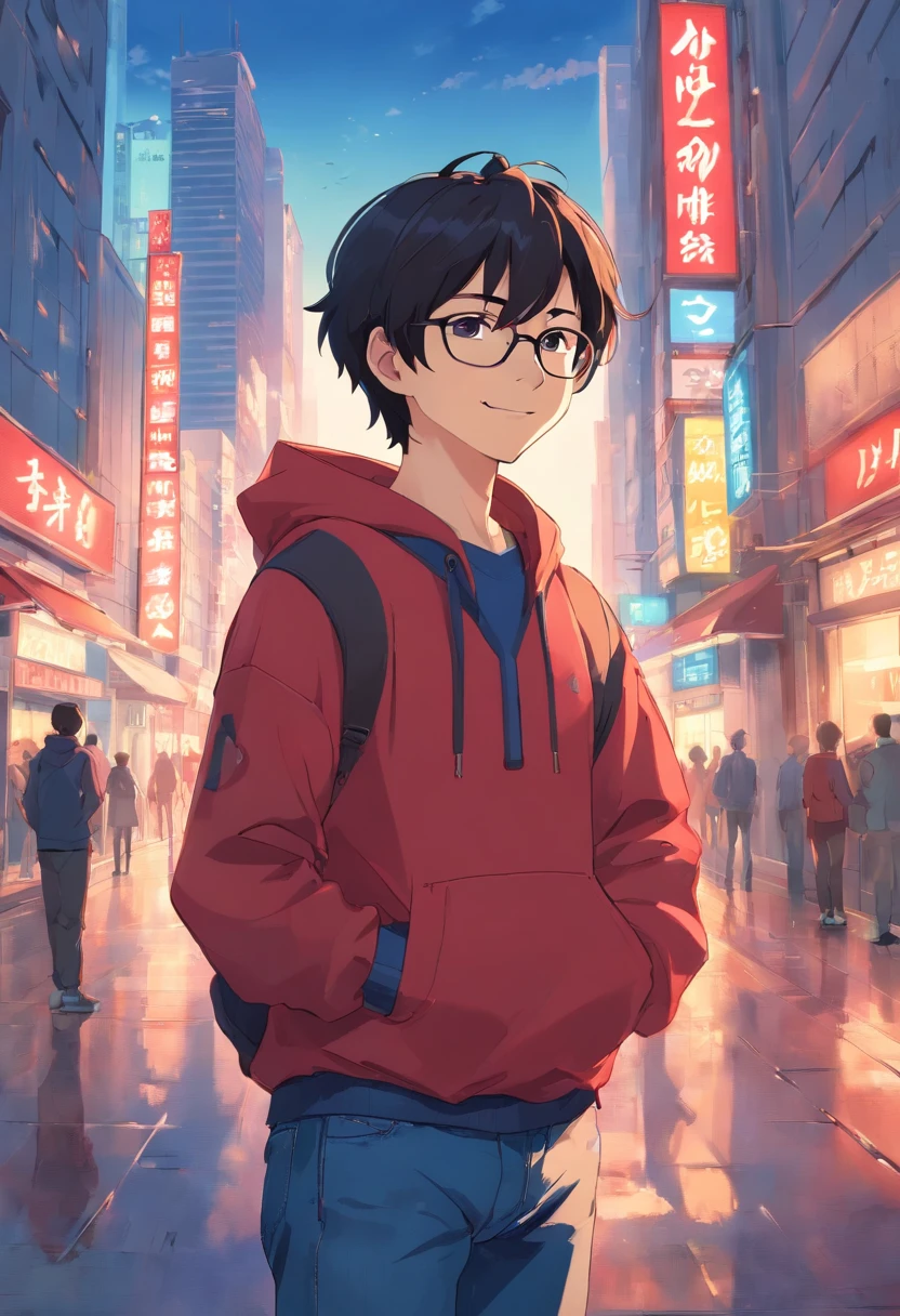 One man, round eyes, smiling, short black hair, wearing glasses, red hoodie shirt, blue jeans, city in background, high quality –ar3:2 –niji
