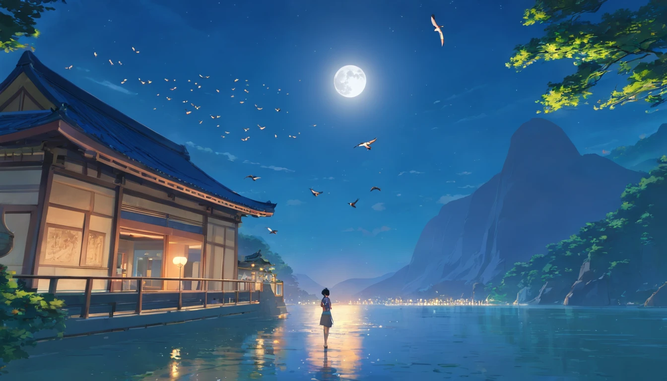 east asian architecture,scenery,Moon,sky,Flying birds,waterfallr,Outdoors,(Masterpiece, Best quality, Very detailed CG, Complex details: 1.2)