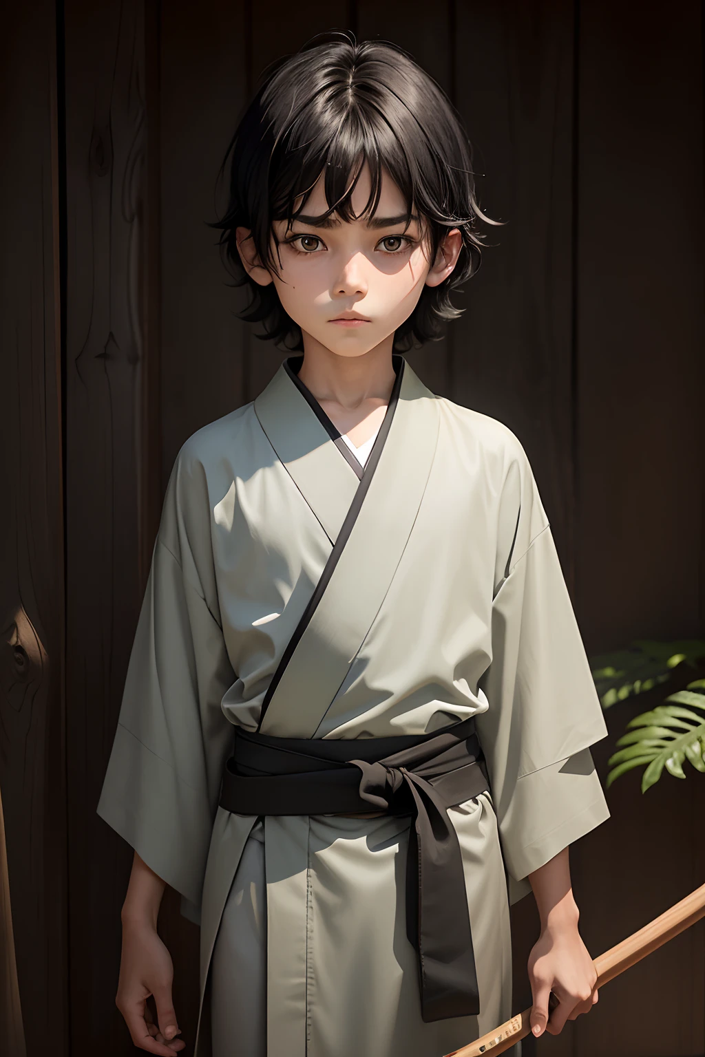 8-year-old boy with medium-length black hair, green eyes, wearing a light gray kimono with black stripes, a black belt, and holding a small wooden staff, calm and thoughtful facial expression.