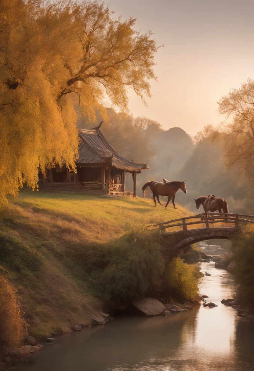 masterpiece, high quality, high resolution,8k, chinese painting ,, Withered vines, aged ((trees)), dusk ((crows)) cawing free,, ((a small bridge)), flowing water, (((a humble dwelling))), (a horse:1.6),, Westward blows the chilly wind on ((an ancient path)),, As the sun sets, my heart aches with a lonely wrath,,