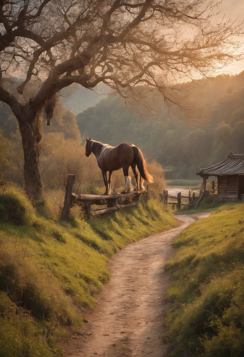 masterpiece, high quality, high resolution,8k, chinese painting ,, Withered vines, aged ((trees)), dusk ((crows)) cawing free,, ((a small bridge)), flowing water, (((a humble dwelling))),  (a horse:1.6),, Westward blows the chilly wind on ((an ancient path)),, As the sun sets, my heart aches with a lonely wrath,,