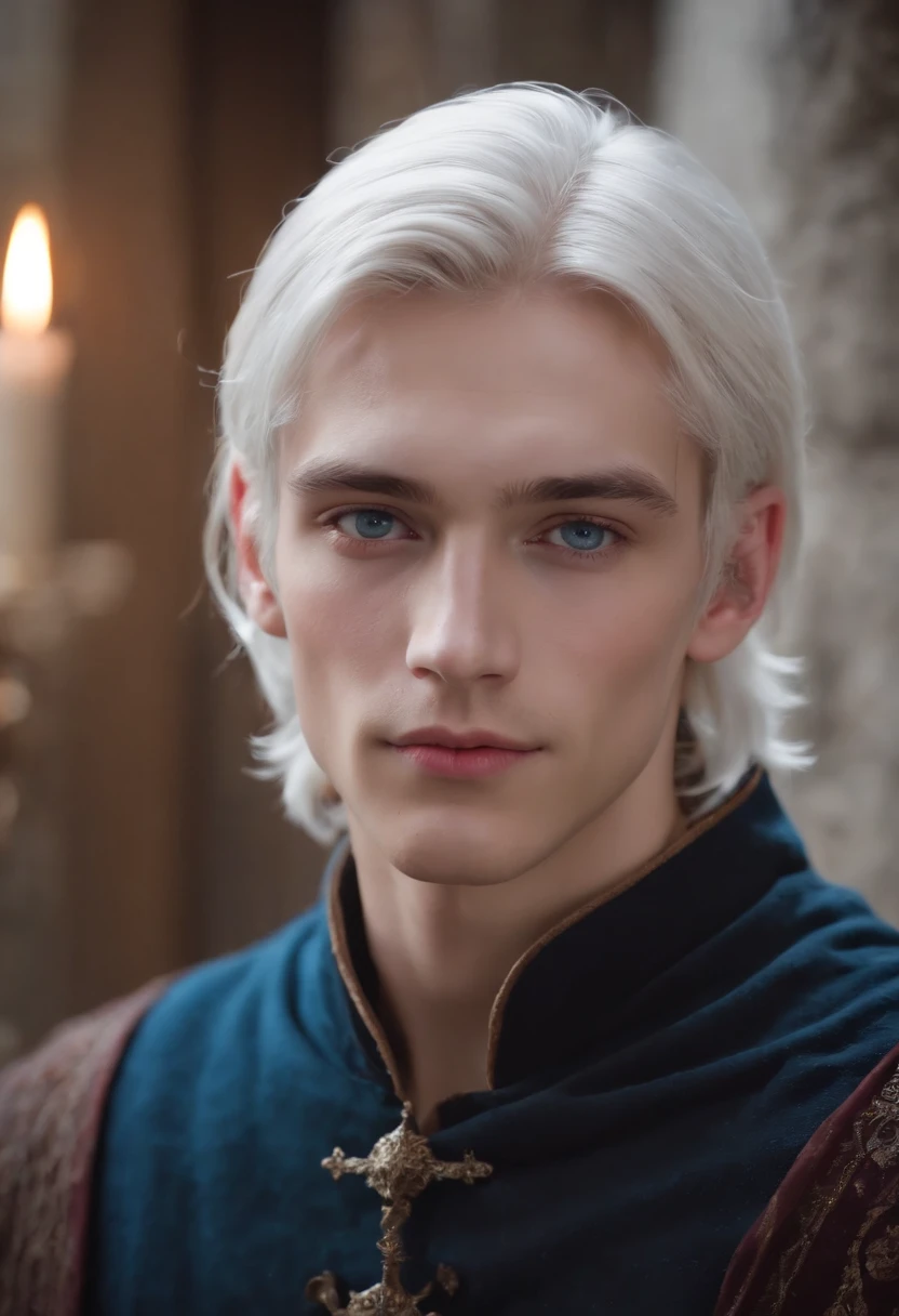 Fair complexion, A guy about 19 years old, natural white hair, Distinctive blue eyes, slender and graceful, Beautiful, Candles in a medieval setting, ultra sharp focus, realistic shot, Medieval men's clothing, Notebook colors (scar:1.4)