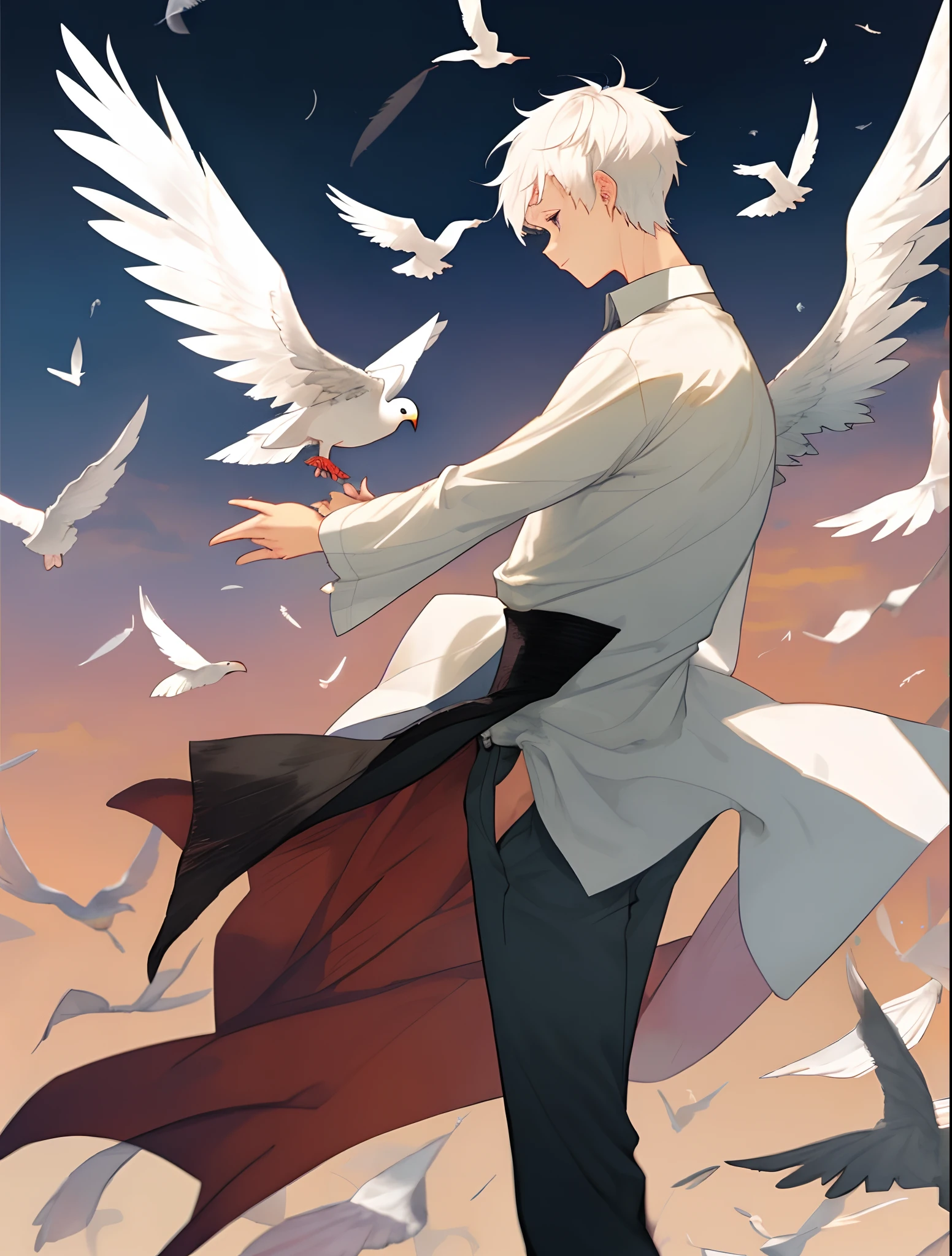 white hair short-hair male people wingspan Y shirt dove feather
