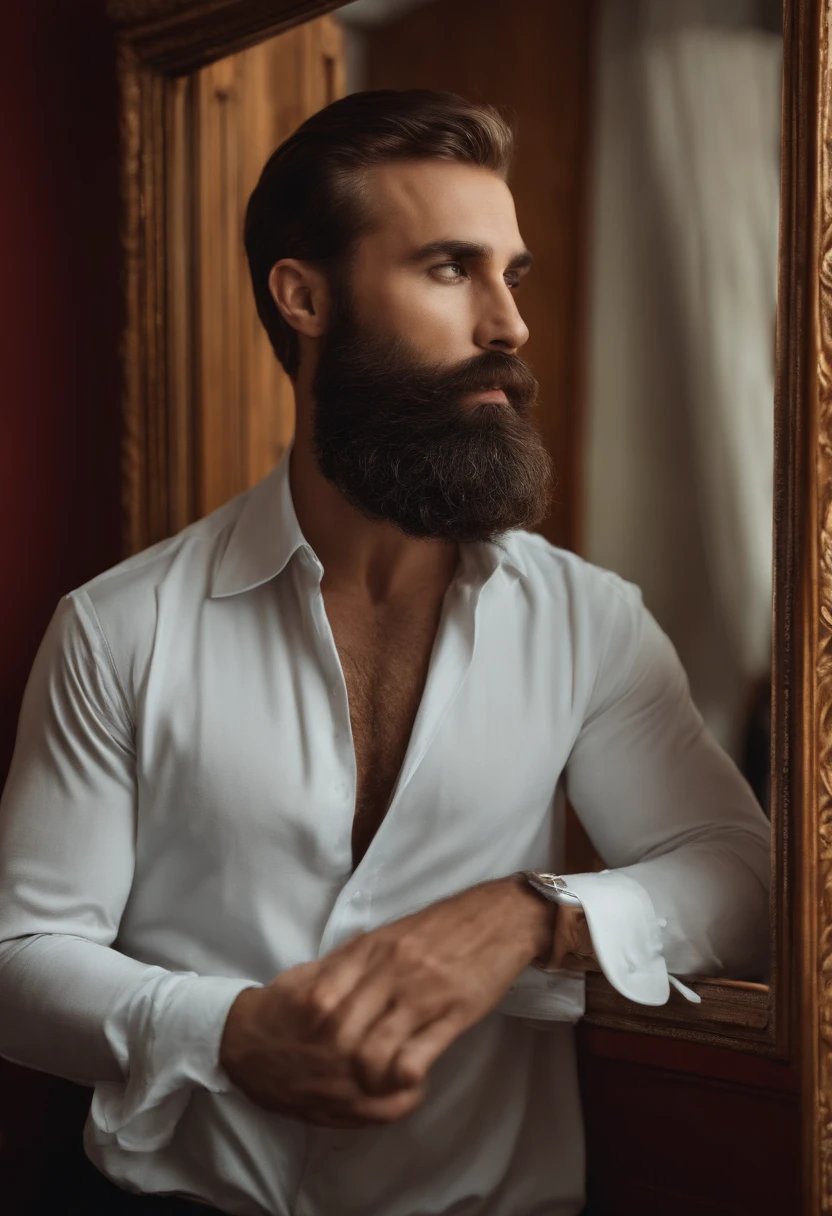 A man without a beard sees his face in the mirror