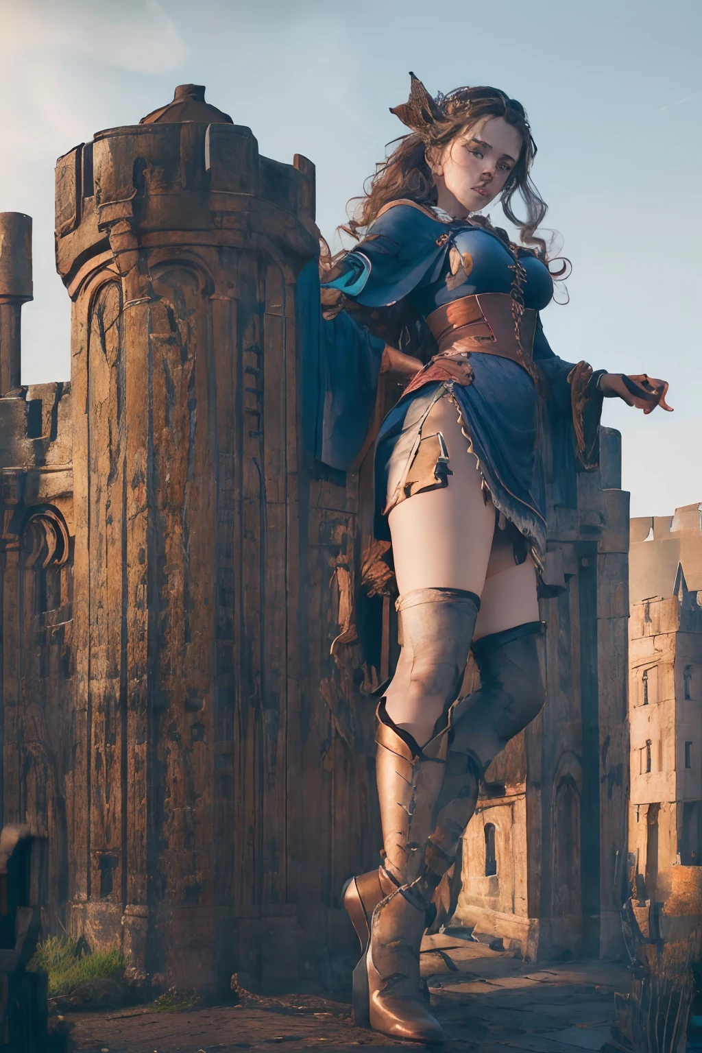 (best quality,4k,highres,masterpiece:1.2),ultra-detailed,(realistic:1.37),beautiful woman,50'10" height, big bouncing breasts,long wavy blue hair,soft blue eyes,medieval style cloak,medieval style clothes,pure beauty,feminine charm,graceful,historical fantasy setting, walking through the mountains warm candlelight,subtle shadows,ethereal atmosphere,vivid colors,portrait,soft focus,delicate details