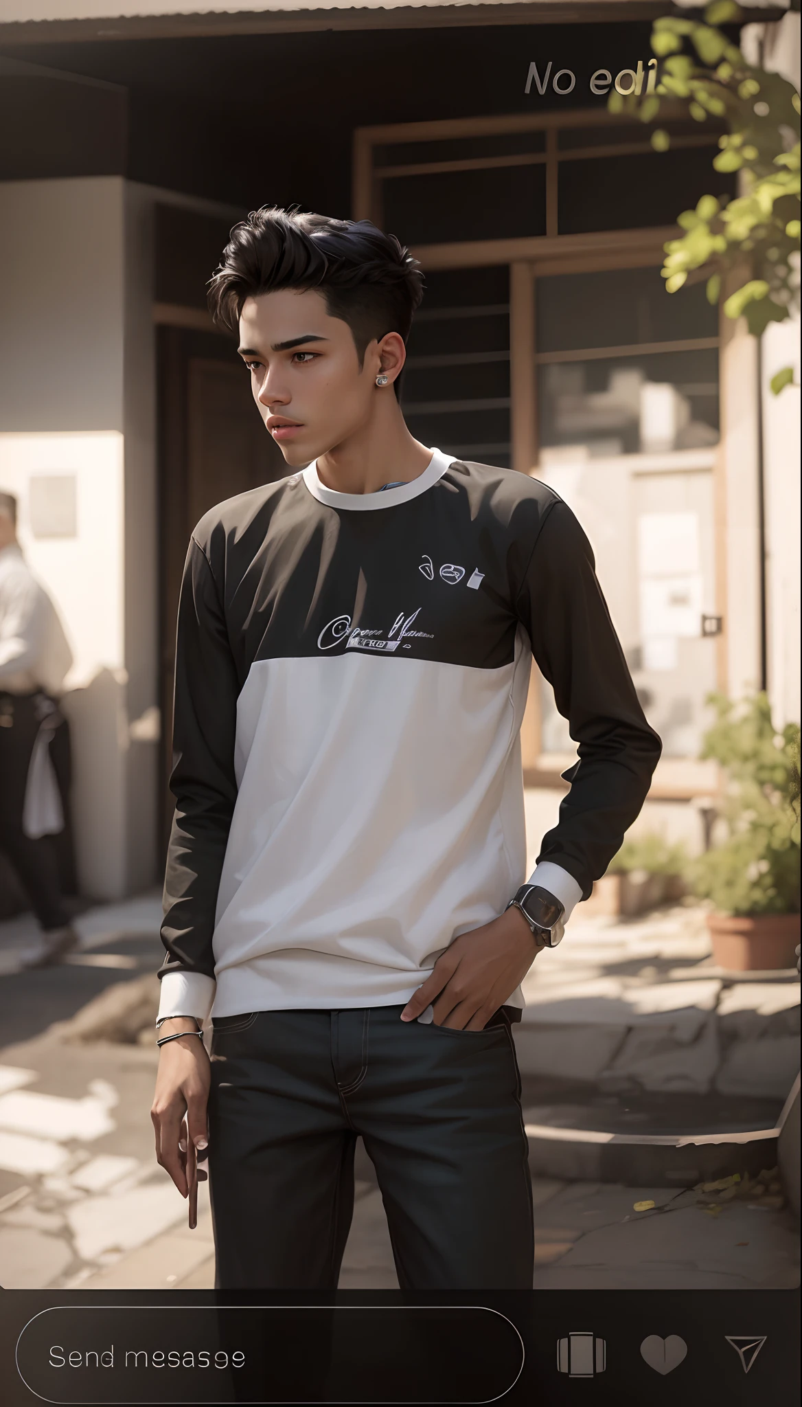 A realistic portrait of a man, 18 years old, a pop star, black hair, white skin