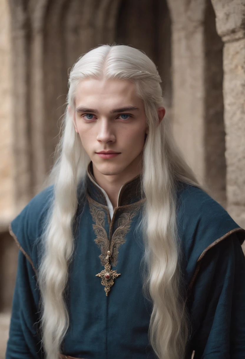 Fair complexion, A guy about 19 years old, Natural long white hair, Distinctive blue eyes, slender and graceful, Beautiful, Candles in a medieval setting, ultra sharp focus, realistic shot, Medieval men's clothing, Notebook colors (scar:1.4)