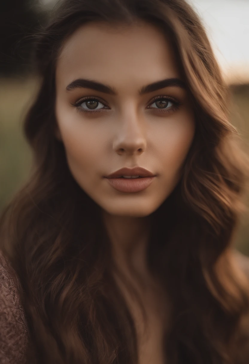 Woman, Early 20s, Model, Sexy girl with brown eyes, A hyper-realistic, meticulously detailed, Portrait Sophie Mudd, brown hair and large eyes, selfie of a young woman, grass field,Violet Myers, without makeup, Natural makeup, Looking directly at the camera, face with artgram, subtle makeup, Stunning full-body shots, Bust of medium size,track and field uniform