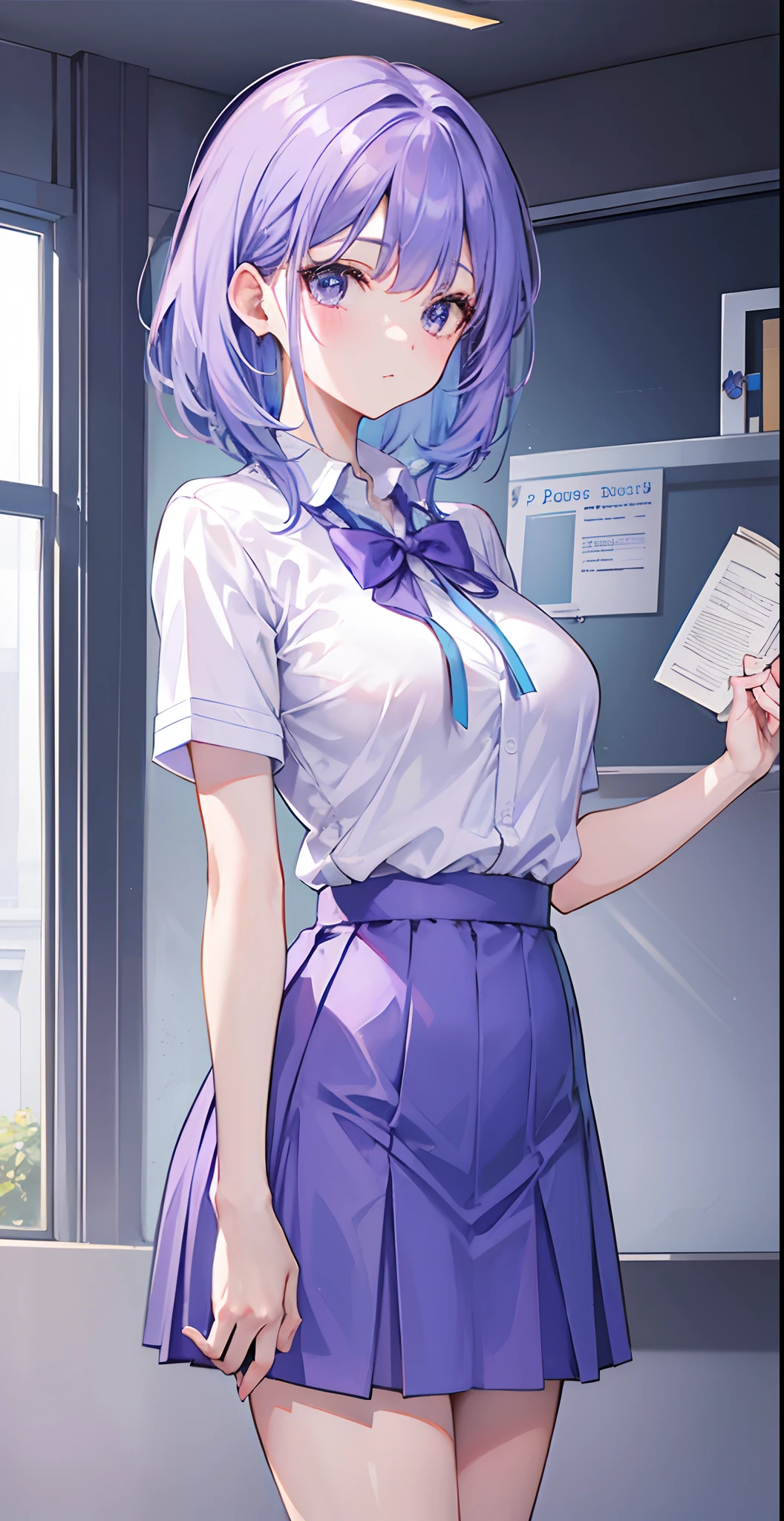 Light purple-blue hair,Crystal clear teacher uniforms,Beautiful female teacher with a fresh and fresh feeling