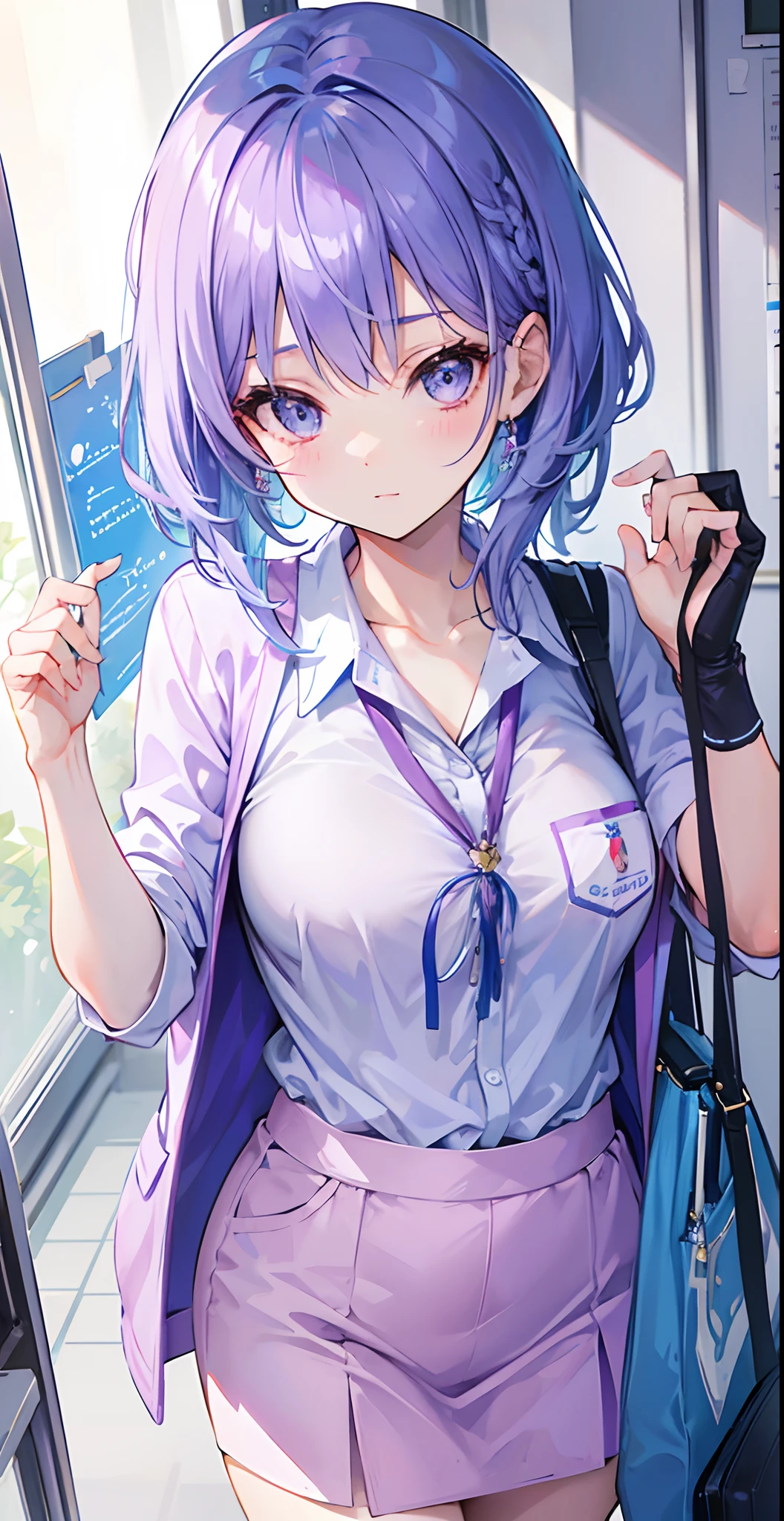 Light purple-blue hair，Crystal clear teacher uniforms，Beautiful female teacher with a fresh and fresh feeling
