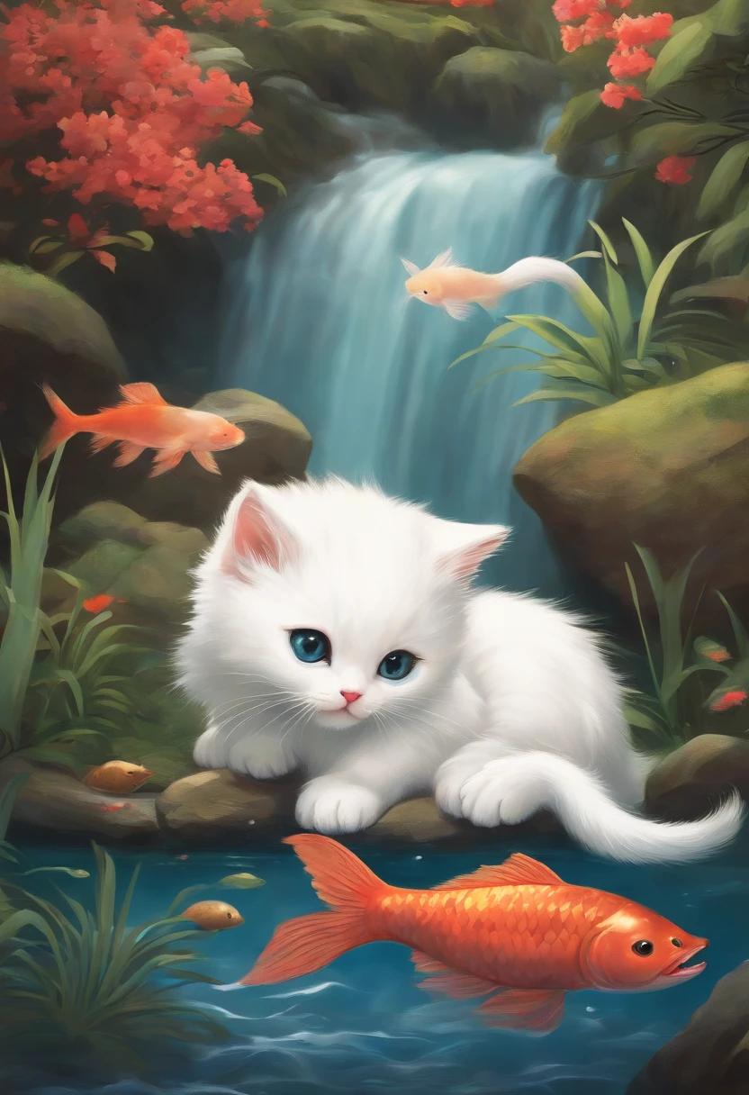 japanese miyazaki hayao style art of a white kitten eating a fish