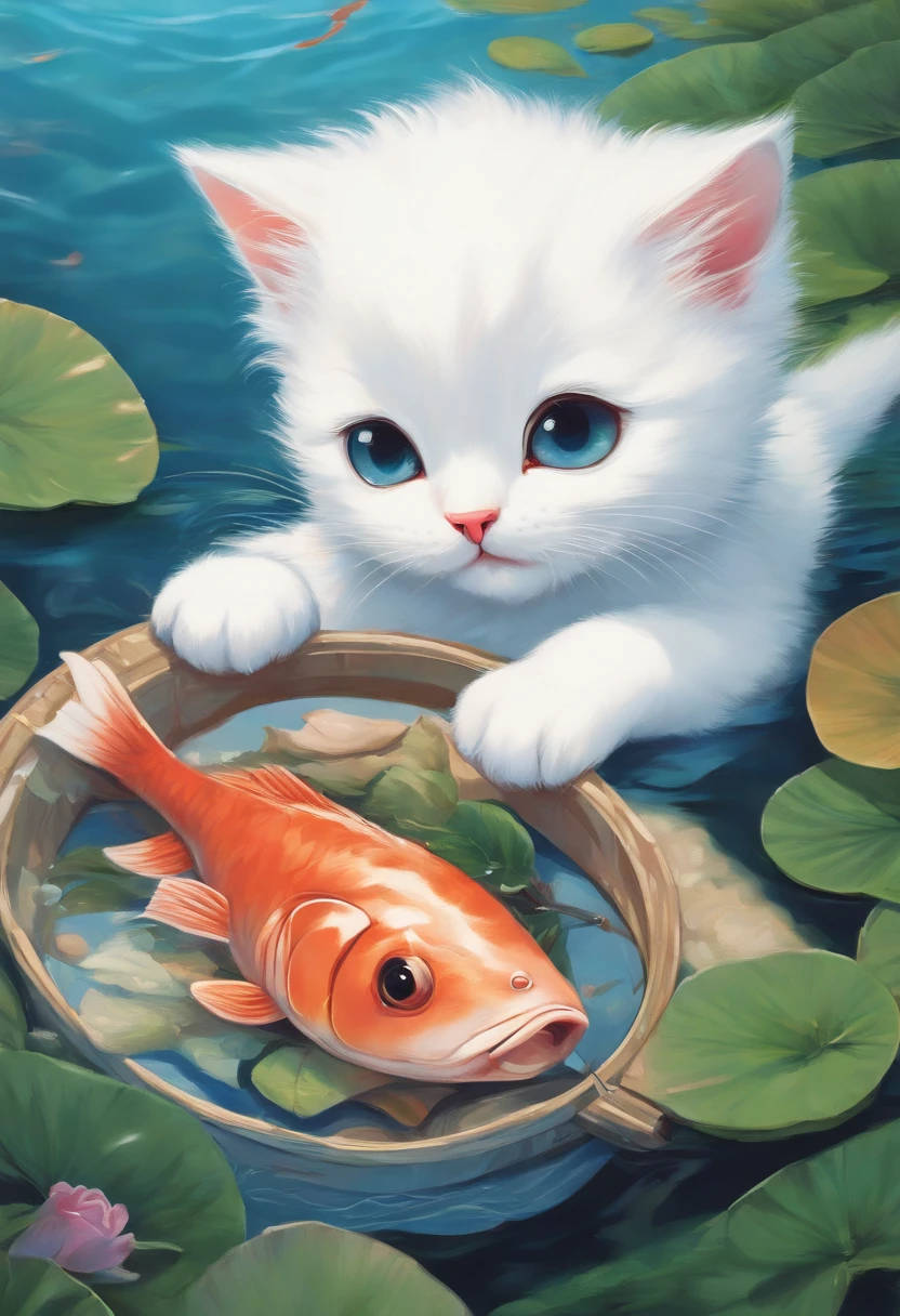 japanese miyazaki hayao style art of a white kitten eating a fish