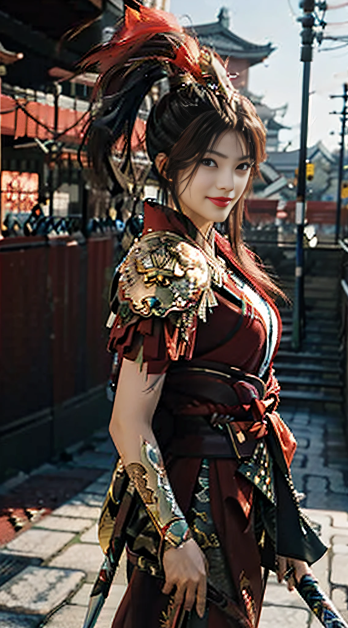 (Raw photo, Best Quality), (Realistic, photorealistic real: 1.3), Best Quality, Highly detailed, masutepiece, Hyper-detailing, Illustration, 1 girl, Big eyes, Smile, Red hair, Red armor, Headdress of feathers, Wielding a sword, The upper part of the body_Body, Dynamic Angle, World Mastery Theater, Flying long hair, Fluorescent Saint Red, Background of falling white feathers, Best Quality, extremely detailed CG unified 8k wallpaper, inky, amazing, movie lights, lens_f lare, wuxia_Style