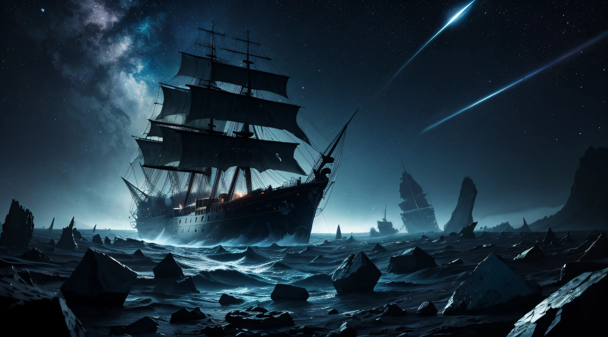 A ghost ship sailing through a field of asteroids in deep space, evoking a sense of cosmic mystery