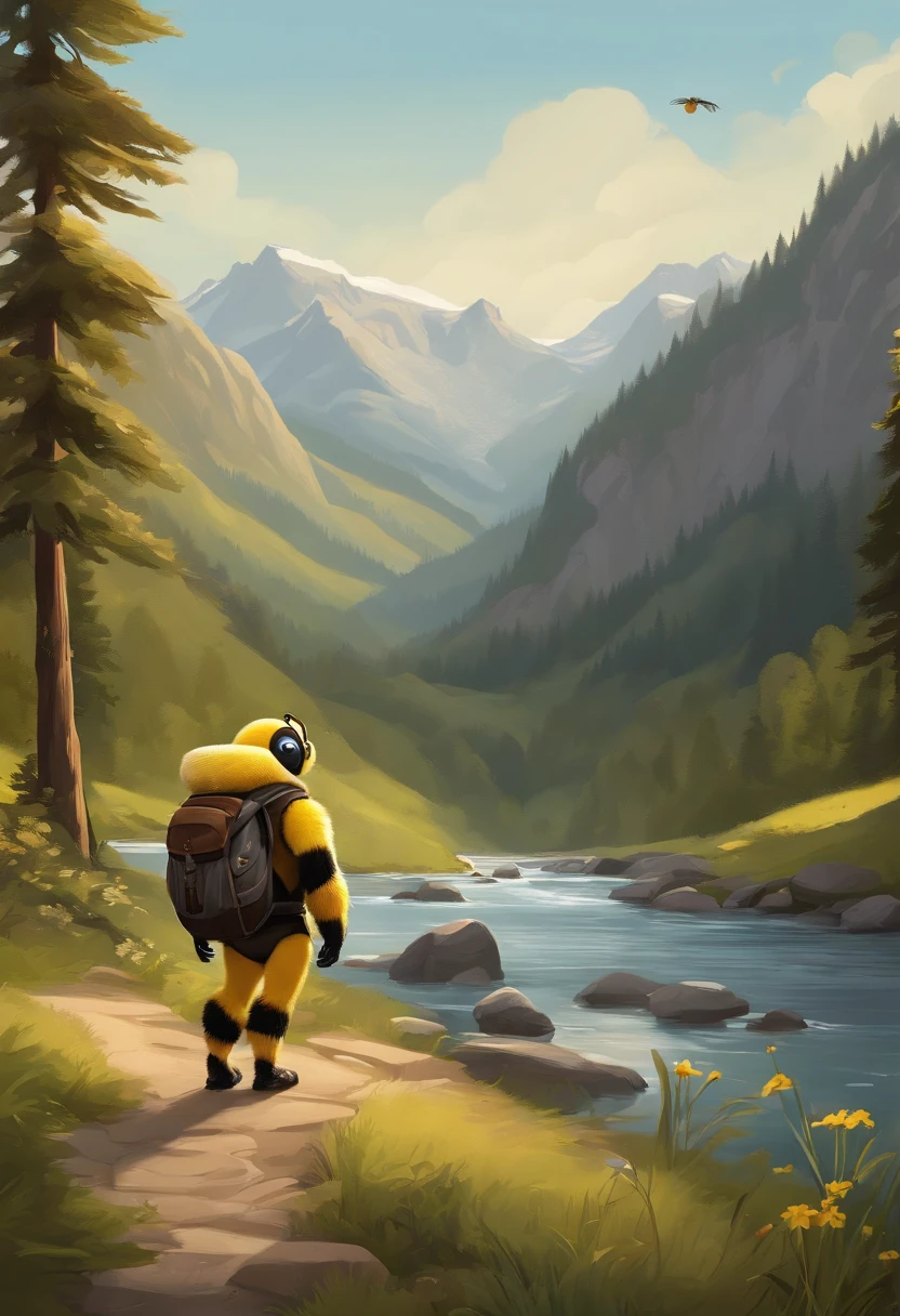 Create a cartoon scene depicting an adventurous bumblebee dressed in hiking attire, set against a picturesque backdrop of mountains and rivers. The bumblebee should be outfitted in a typical hiking ensemble, which includes a backpack, hiking boots, and a sun hat. The atmosphere should be vibrant and playful, embodying the bumblebee's adventurous spirit as it is poised to explore the scenic wilderness that surrounds it.