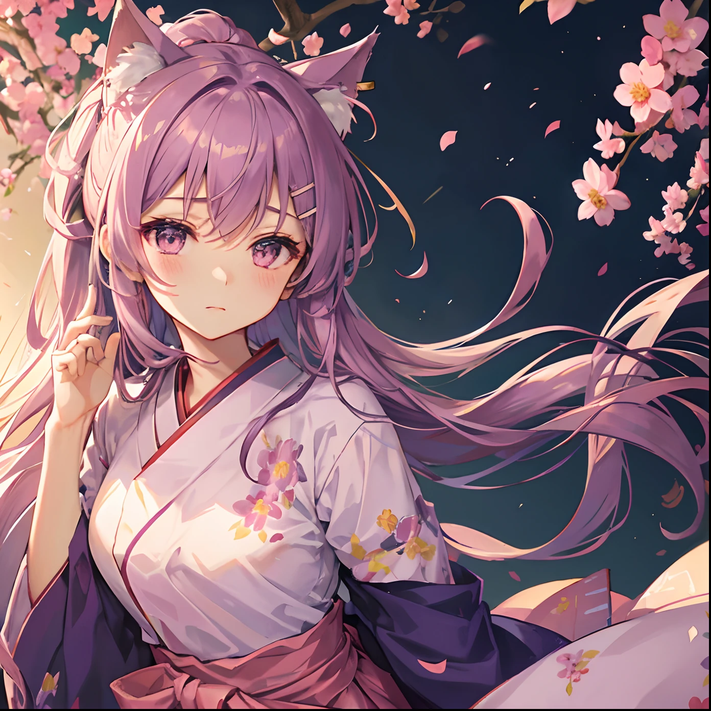 hakama、Mauve hair、cat ear、femele、Floral hair ornament、Hair up to the waist、adult-like、frontage、flowing in the wind