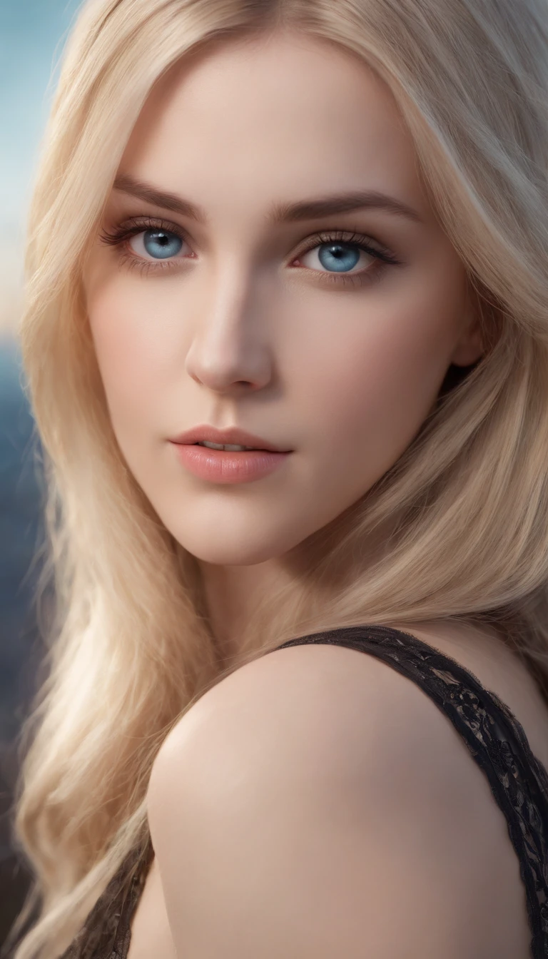 (the Extremely Detailed CG Unity 8K Wallpapers,masutepiece, Best Quality, Ultra-detailed),(Best Illumination, Best Shadow, extremely delicate and beautiful),floating,High color saturation,Blonde hair+Blue eyes:1.2,Dark Gothic landscape, Long hair, Gaze into the distance. (Beautiful girl with long blonde hair and shining gothic lighting with blue eyes)