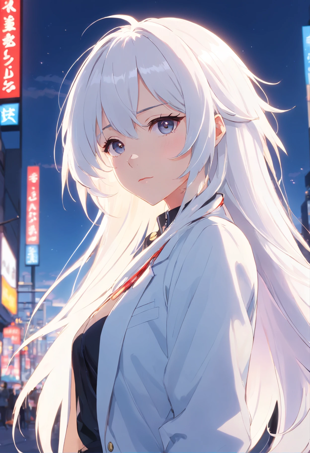 Masterpiece, Highest quality, Solo , (Perfect face:1.1), (High detail:1.1), Dramatic, (1人), Pale skin, (Long pure white hair:1.4), White eyes, Otto Sepalainen, Solo, Long hair, white luxury suit, covered navel, snob, albino, pouty lips, Devil magician, voluminetric lighting, Detailed eyes, Cinematic lighting, ultra - detailed, intricately details, overwhelmingly pixel perfect, rosette, Fashion, Seductive pose, Balenciaga style on the side