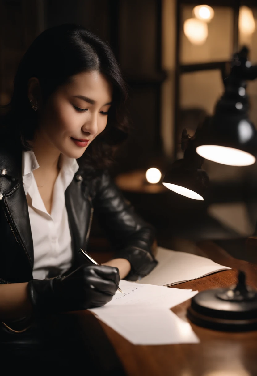 Wearing black leather gloves on both hands, Upper body, Black leather riders jacket, Facing the desk in the study, Look down and smile, Use a fountain pen to write a letter, Black hair long straight, Young japanese lady (Black leather gloves cover both hands)