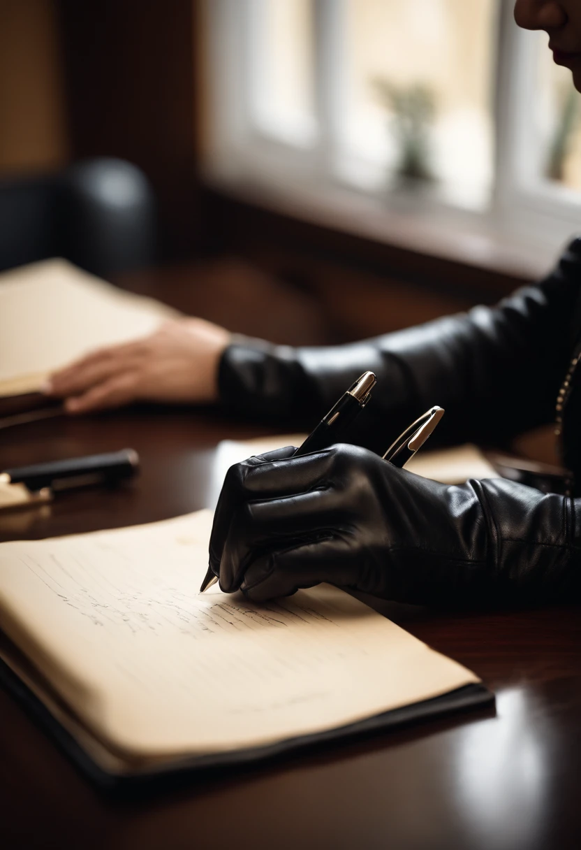 Wearing black leather gloves on both hands, Upper body, Black leather riders jacket, Facing the desk in the study, Look down and smile, Use a fountain pen to write a letter, Black hair long straight, Young japanese lady (Black leather gloves cover both hands)