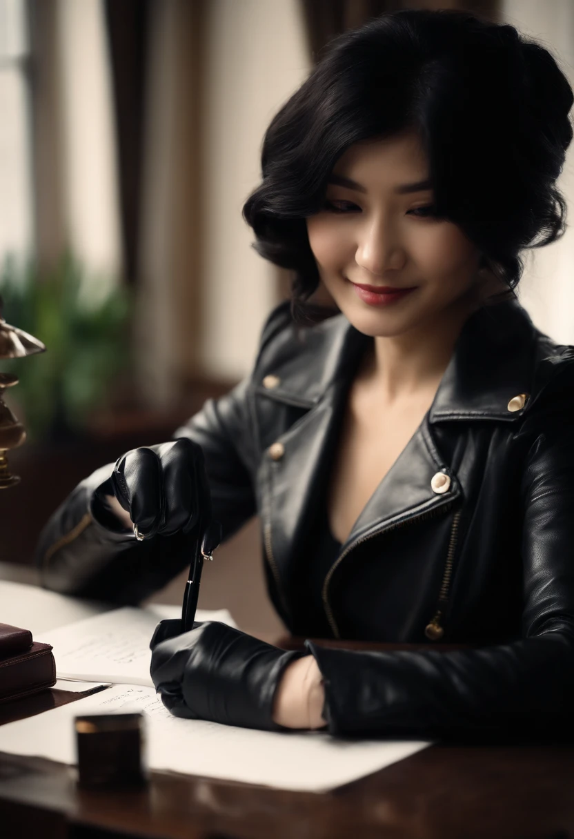 Wearing black leather gloves on both hands, Upper body, Black leather riders jacket, Facing the desk in the study, Look down and smile, Use a fountain pen to write a letter, Black hair long straight, Young japanese lady (Black leather gloves cover both hands)