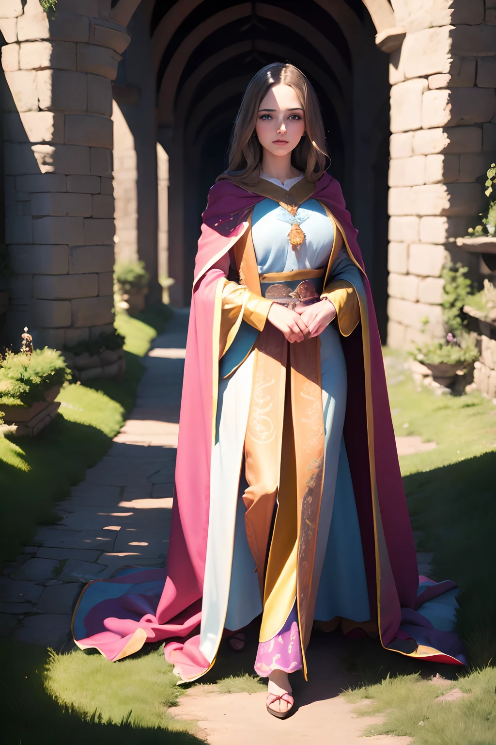 (best quality,4k,highres,masterpiece:1.2),ultra-detailed,(realistic:1.37),beautiful woman,50'10" height, big bouncing breasts,long wavy blue hair,soft blue eyes,medieval style cloak,medieval style clothes,pure beauty,feminine charm,graceful,historical fantasy setting, walking through the mountains warm candlelight,subtle shadows,ethereal atmosphere,vivid colors,portrait,soft focus,delicate details