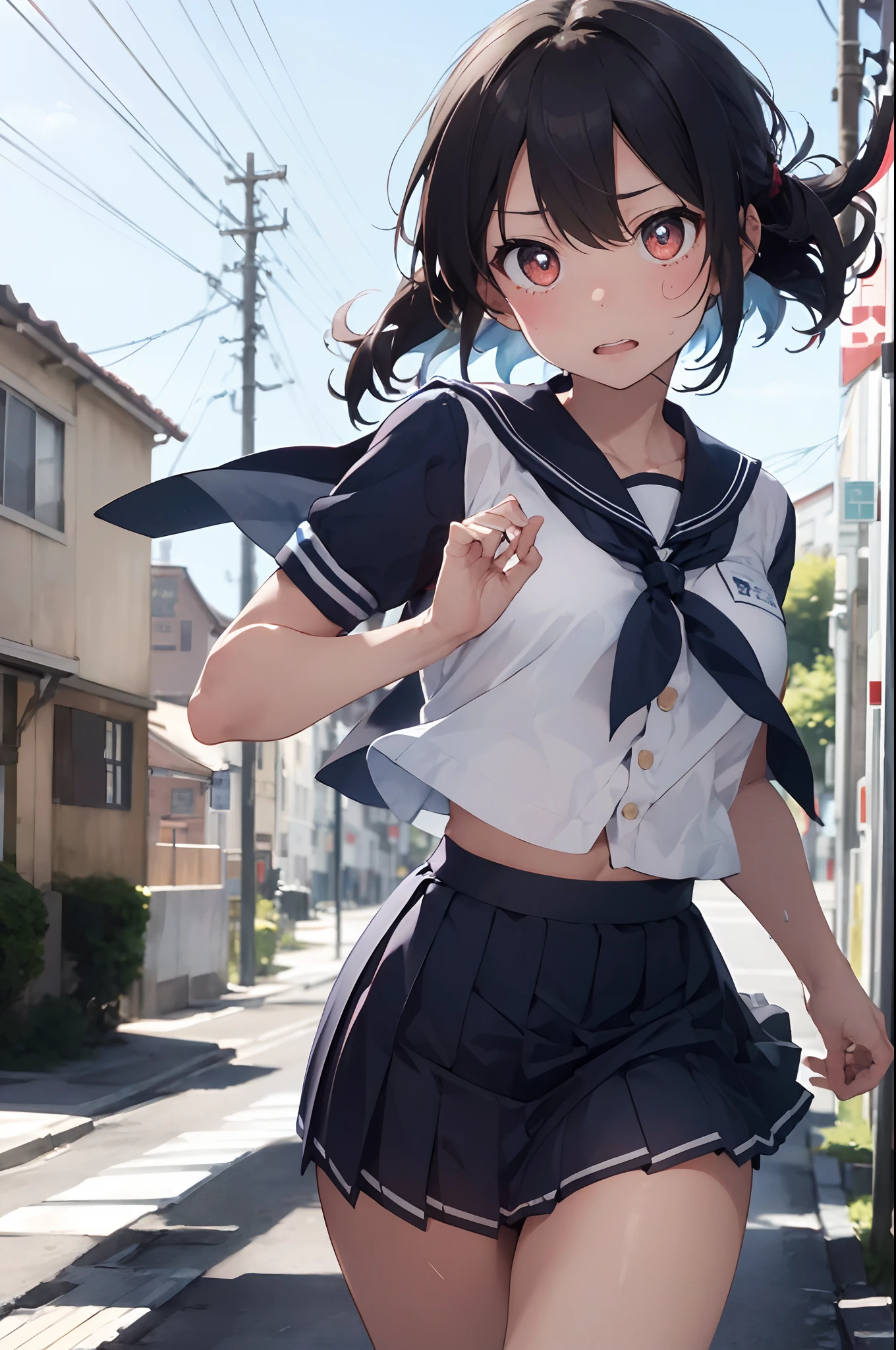 White sailor suit and black mini skirt、Light blue panties、スカートの袖を持ち上げて水色のThe whole panties are visible、bra、The whole panties are visible