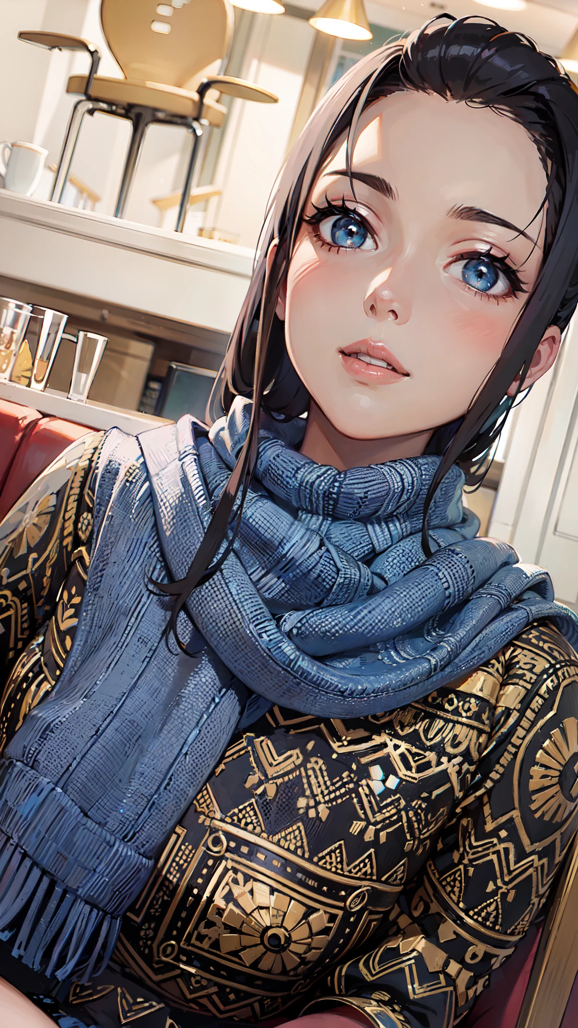 A beautiful young woman wearing a blue scarf sitting in a red sofa in a restaurant, close up potrait, young beautiful woman