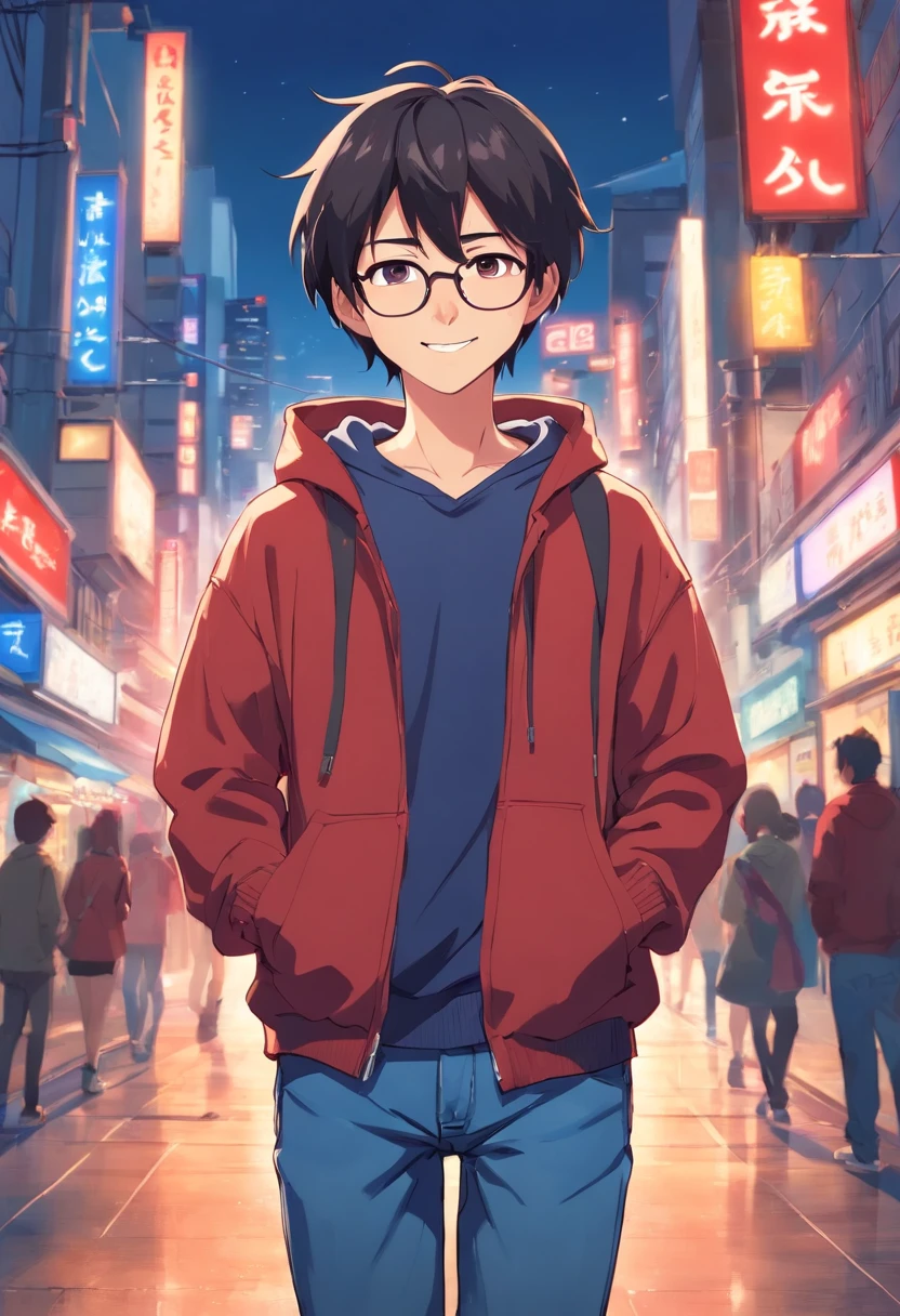 One man, round eyes, smiling, short black hair, wearing glasses, red hoodie shirt, blue jeans, gamer, high quality –ar3:2 –niji