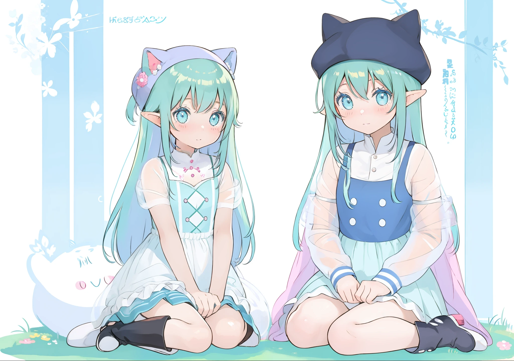 Anime girl sitting on the ground wearing hat and boots, Elf Girl, Cute anime girl, Digital art on Pisif , Digital anime illustration, Digital anime art!!, Pisif, Soft anime illustration, Pisif Contest Champion, Anime style portrait, Cute anime style, **** in dress, zerochan art, pretty anime girl, Blue Elf, anime girl with cat ears