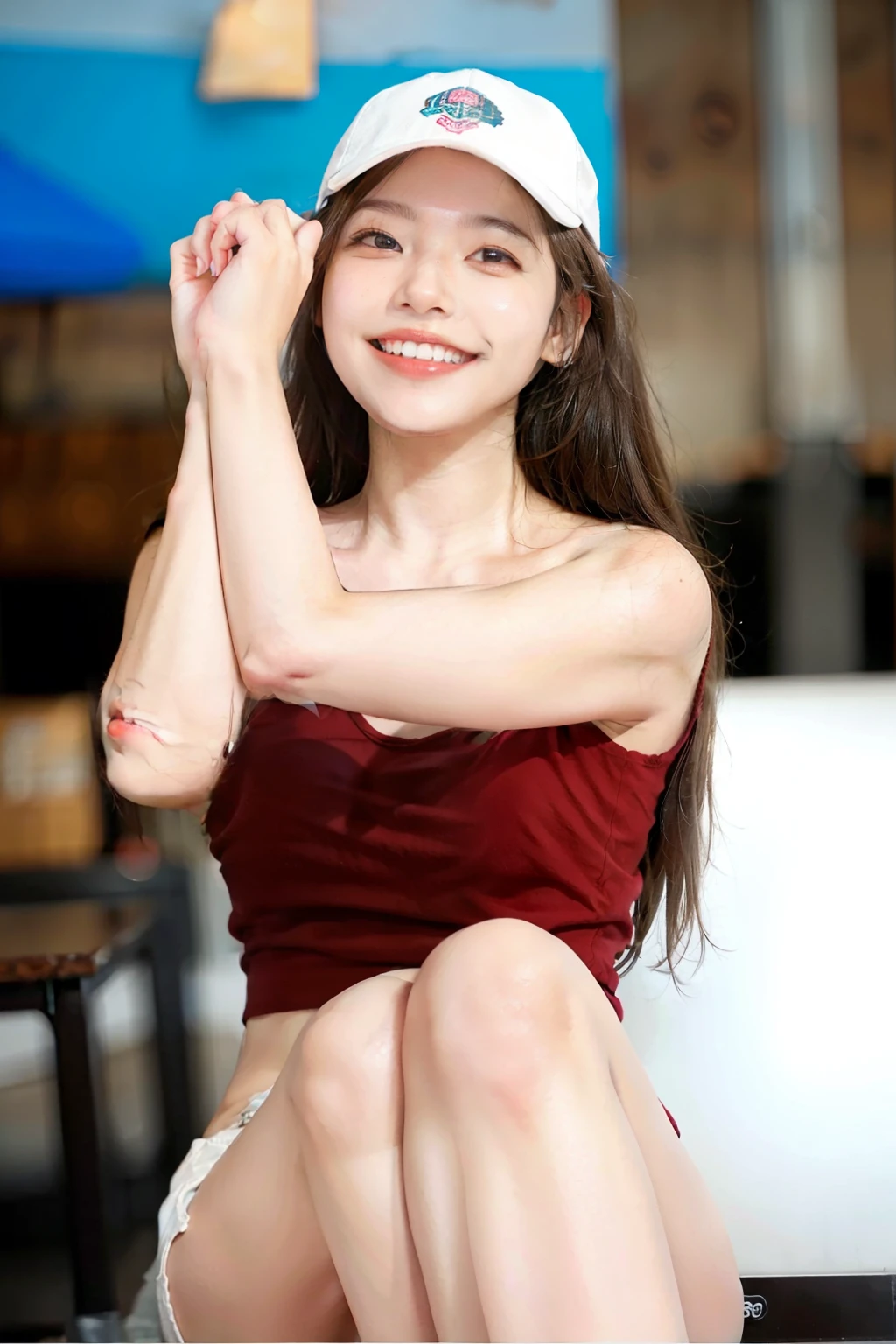 a girl sitting at a coffe shop, smiling
