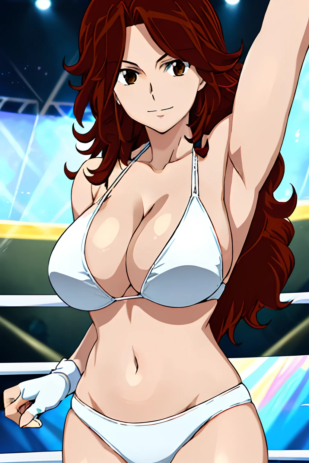 Selfie shot, detailed face, upper body view, detailed body, 4k, Sumergai Lee Noriega, best quality, anime style, hires, highest definition, digital blending, bold drawing lines, ((), (slender body), mature woman, (female wrestler, white wrestling bikini, biceps, white fingerless gloves), (location: wrestling ring, crowd watching), cheerful, gorgeous, smile, (closed mouth), (pale skin, shiny skin, ), (cleavage), (strong arms, clean face), (hands on hips), (brown hair, curly hair, long hair), 27 years old, sexy
