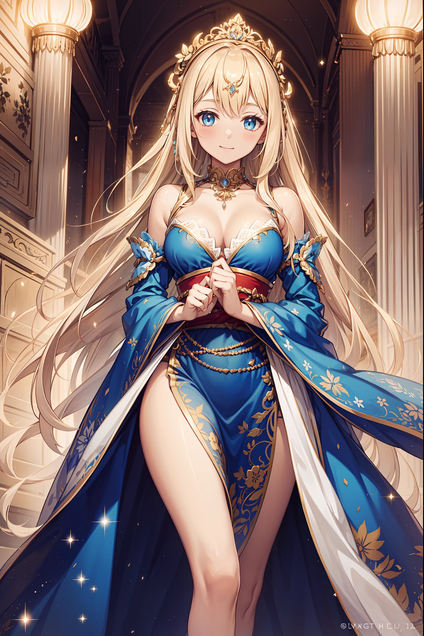 ((highest quality)),(ultra high resolution),(Super detailed),(detailed description),((best CG)),(best work of art),super precision art,amazing drawing art,(Fantasy art with precise details:1.5), (1 girl:1.5),((aristocratic daughter:1.6)),(beautiful and well-shaped face:1.5),(innocent smile:1.5),(deep blue eyes:1.5),(Luxurious backless dress with intricate details:1.6),(Tiara with sparkling gems embedded in it:1.4),(blue roses surrounding her:1.4),Evening gloves with golden embroidery:1.5, (A detailed rose garden:1.4),