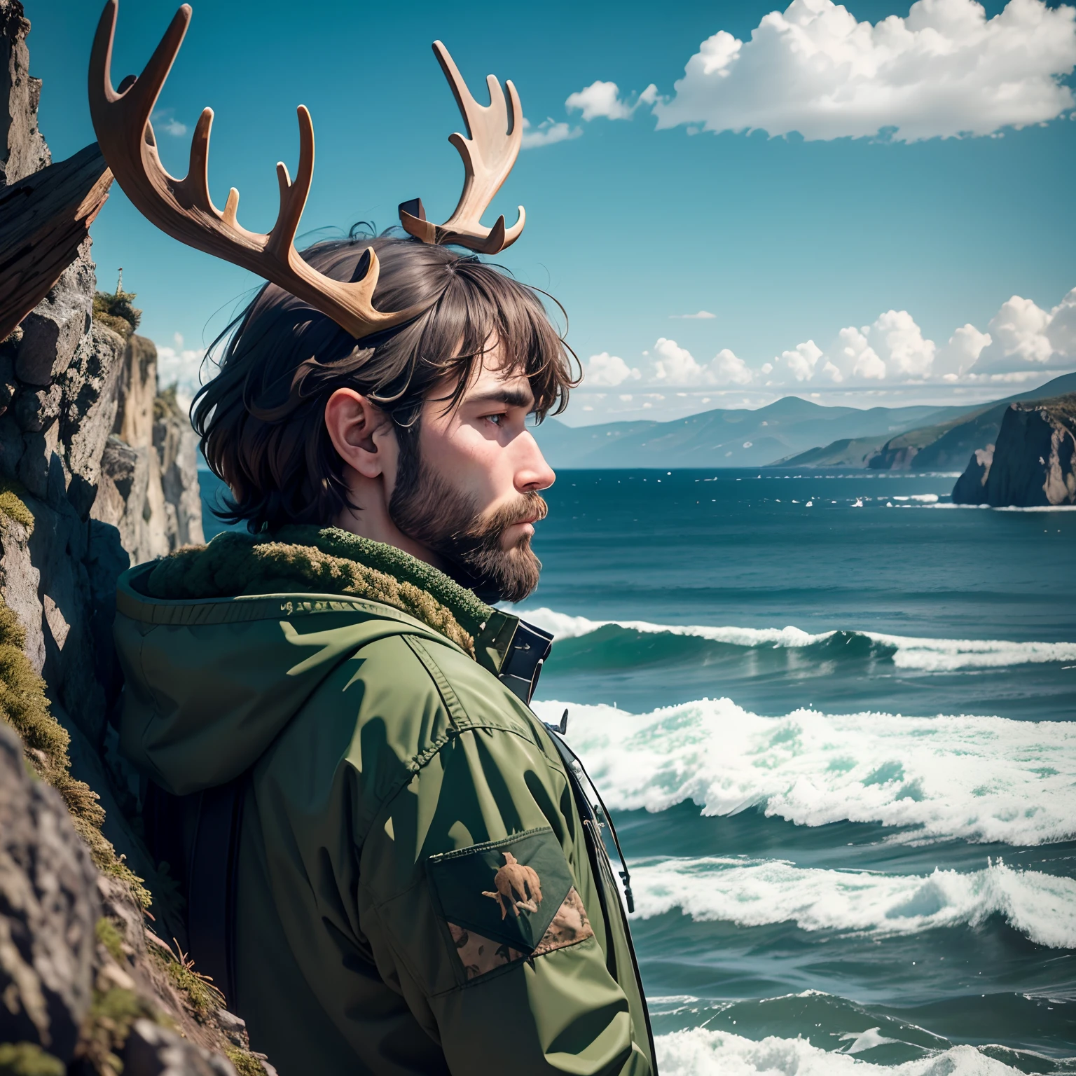 Moose-headed man, large antlers, camo green jacket, standing on top of mountain, side view, alone, ocean, close up, focus shot