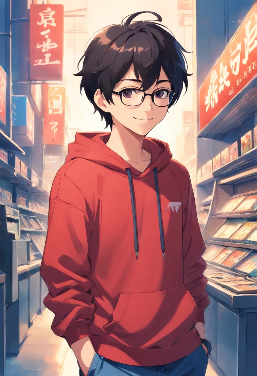 One man, round eyes, smiling, short black hair, wearing glasses, red hoodie shirt, blue jeans, gamer, high quality –ar3:2 –niji