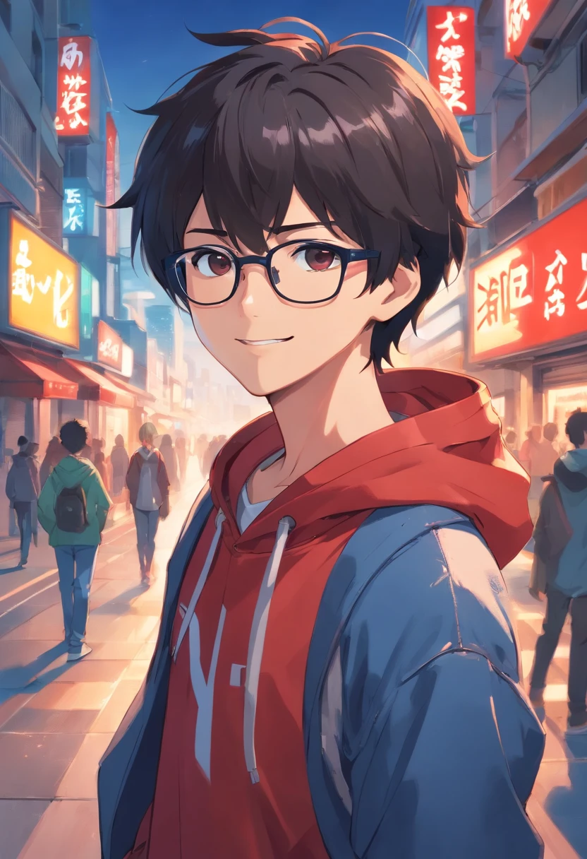 One man, round eyes, smiling, short black hair, wearing glasses, red hoodie shirt, blue jeans, gamer, high quality –ar3:2 –niji