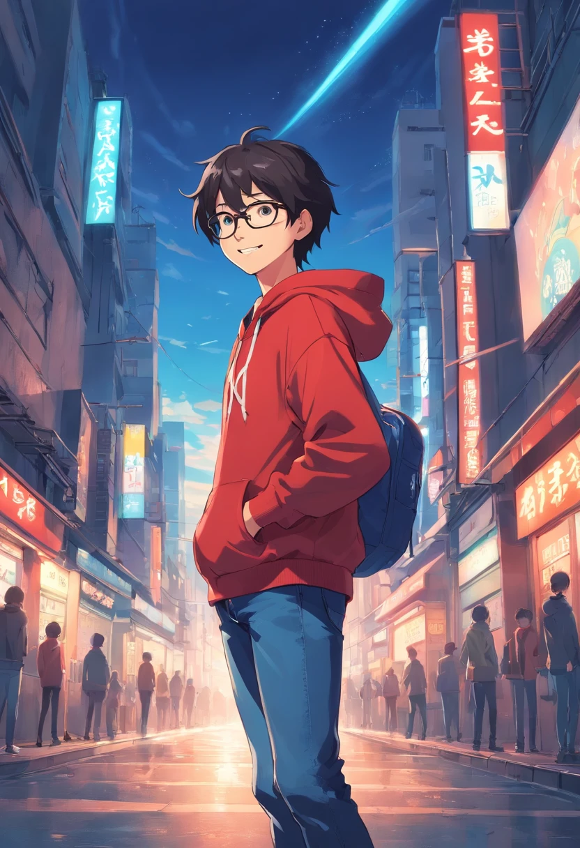 One man, round eyes, smiling, short black hair, wearing glasses, red hoodie shirt, blue jeans, gamer, high quality –ar3:2 –niji