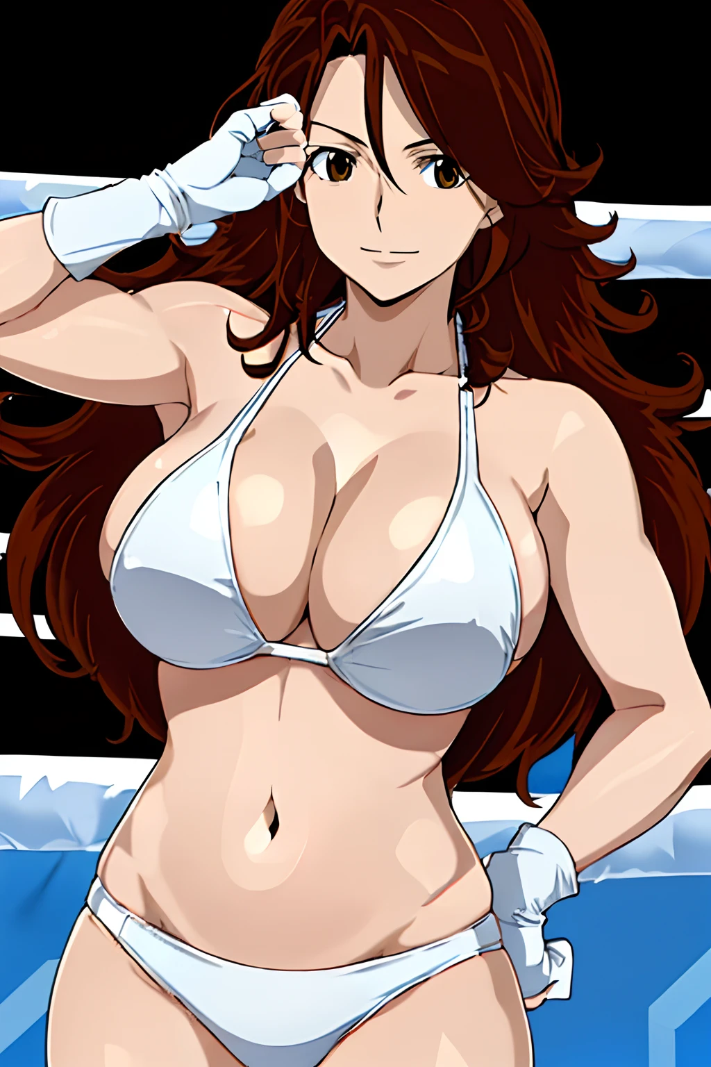 Selfie shot, detailed face, upper body view, detailed body, 4k, Sumergai Lee Noriega, best quality, anime style, hires, highest definition, digital blending, bold drawing lines, ((), (slender body), mature woman, (female wrestler, white wrestling bikini, biceps, white fingerless gloves), (location: wrestling ring, crowd watching), cheerful, gorgeous, smile, (closed mouth), (pale skin, shiny skin, ), (cleavage), (strong arms, clean face), (one hand on hip), (brown hair, curly hair, long hair), 27 years old, sexy