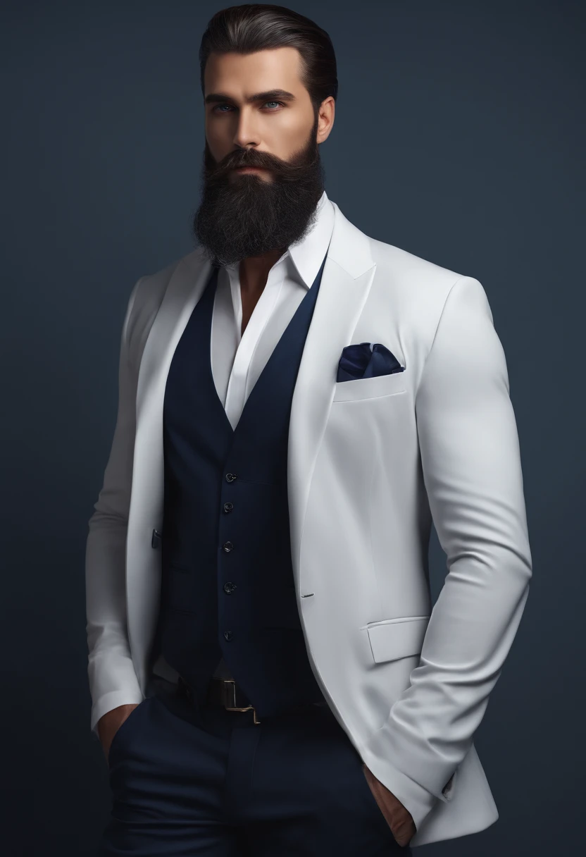 (professional man in stylish clothes), (with a long and full beard,) (blue eyes) (portrait) Handsome and serious appearance, dark blue hair, Elegant and elegant, and strong body very formal white shirt, (Picture realistic and high quality), ((Best quality, 8k, master piece).