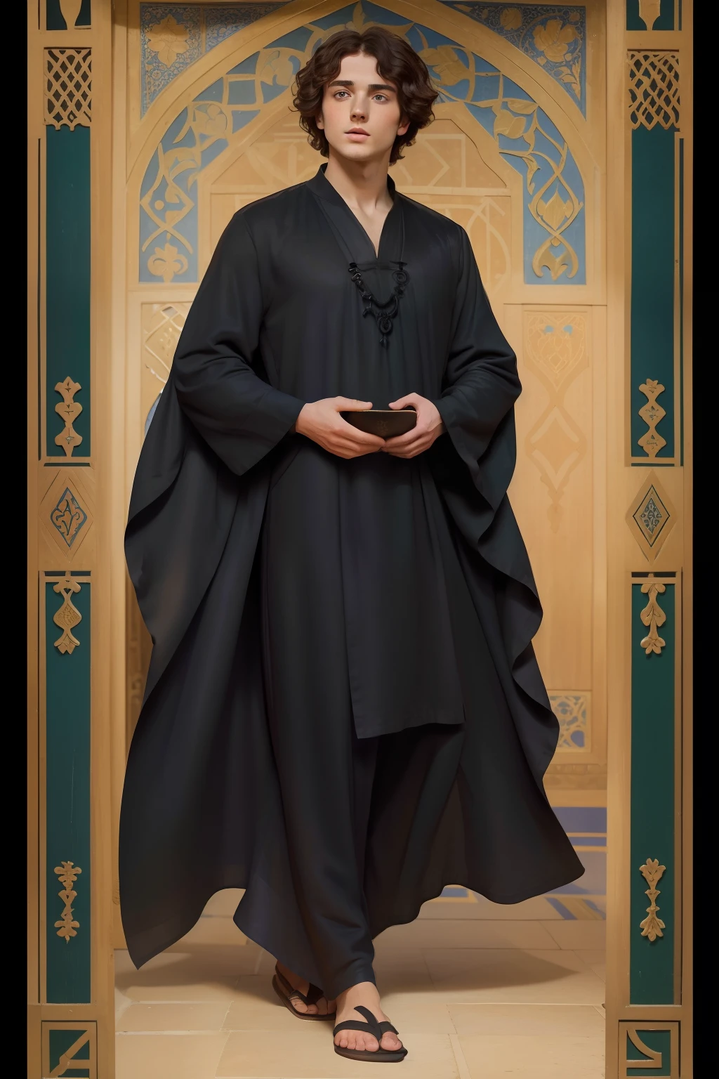 Year: 11th century. Location: Isfahan. Pre-raphaelite scene with a 21-year-old english man, with a black caftan, at the school of medicine, ((look of wonder)), ((((11th century plain caftan)))) ((11th century hairstyle)), (((cinematic style)))