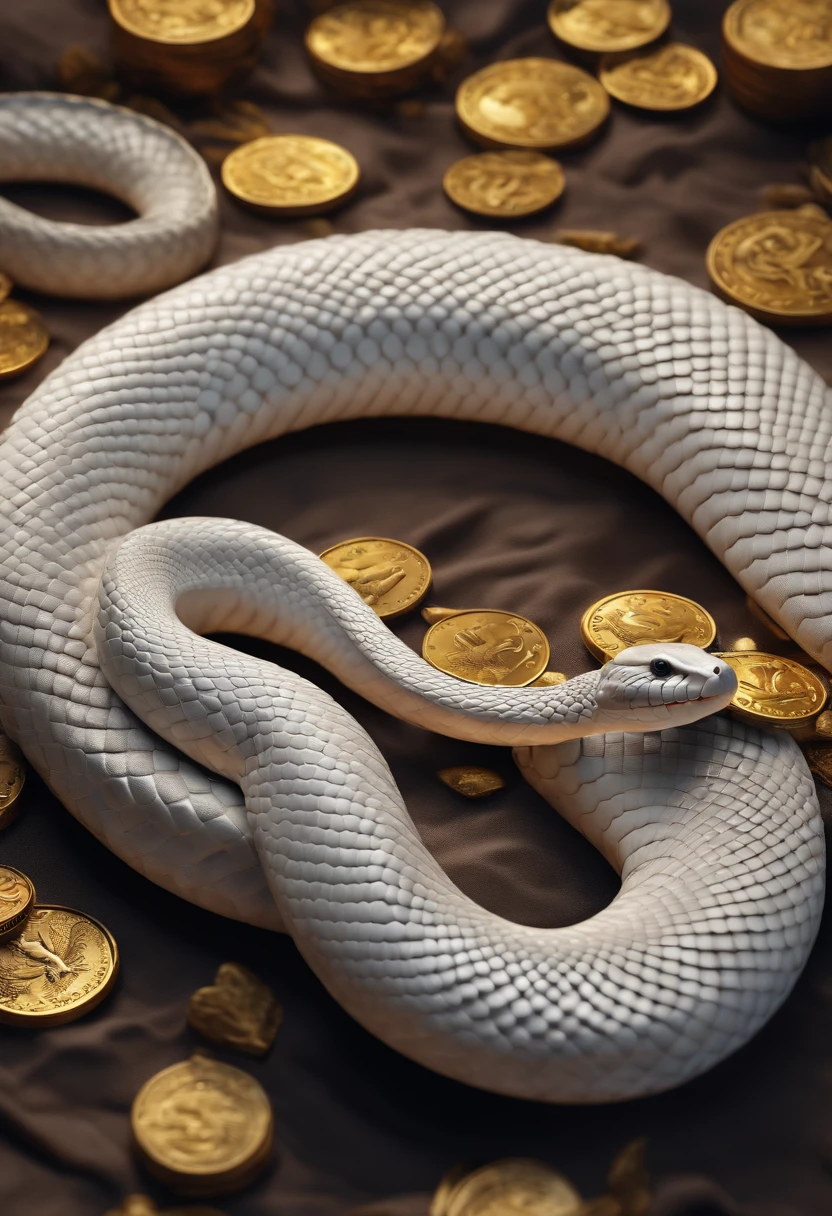 "Very beautiful 3d rendered white snake，Representation of dynamics, Vivid effects and details，Top image quality，hight resolution，plethora of colors，Stunning light and shadow effects,　Pile of Coins, treasure"