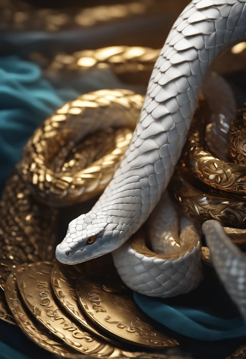 "Very beautiful 3d rendered white snake，Representation of dynamics, Vivid effects and details，Top image quality，hight resolution，plethora of colors，Stunning light and shadow effects,　Pile of Coins, treasure"