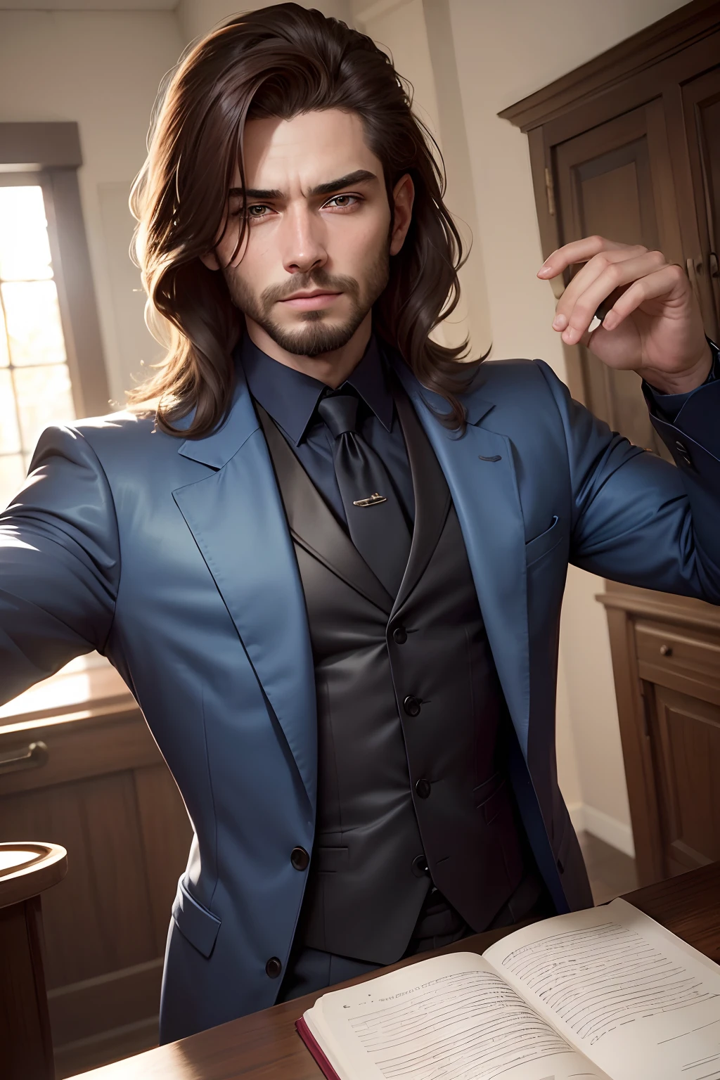 Selfie, (4K Photo:1.1) por (Jeremy Lipking:0.3), (Dittmann Anna:0.3), (Marcos Ariano:0.3), (foco nítido:1.3), High detail, Rosto bonito e detalhado, bela boca detalhada, belos olhos detalhados, nariz bonito e detalhado, hazelnut eyes, longos cabelos loiros, (homem jovem atraente:1.3), (sedutor:1.1), (sorridente:1.1), (Corar:1.1), Mascular body shape. Classic blue suit.