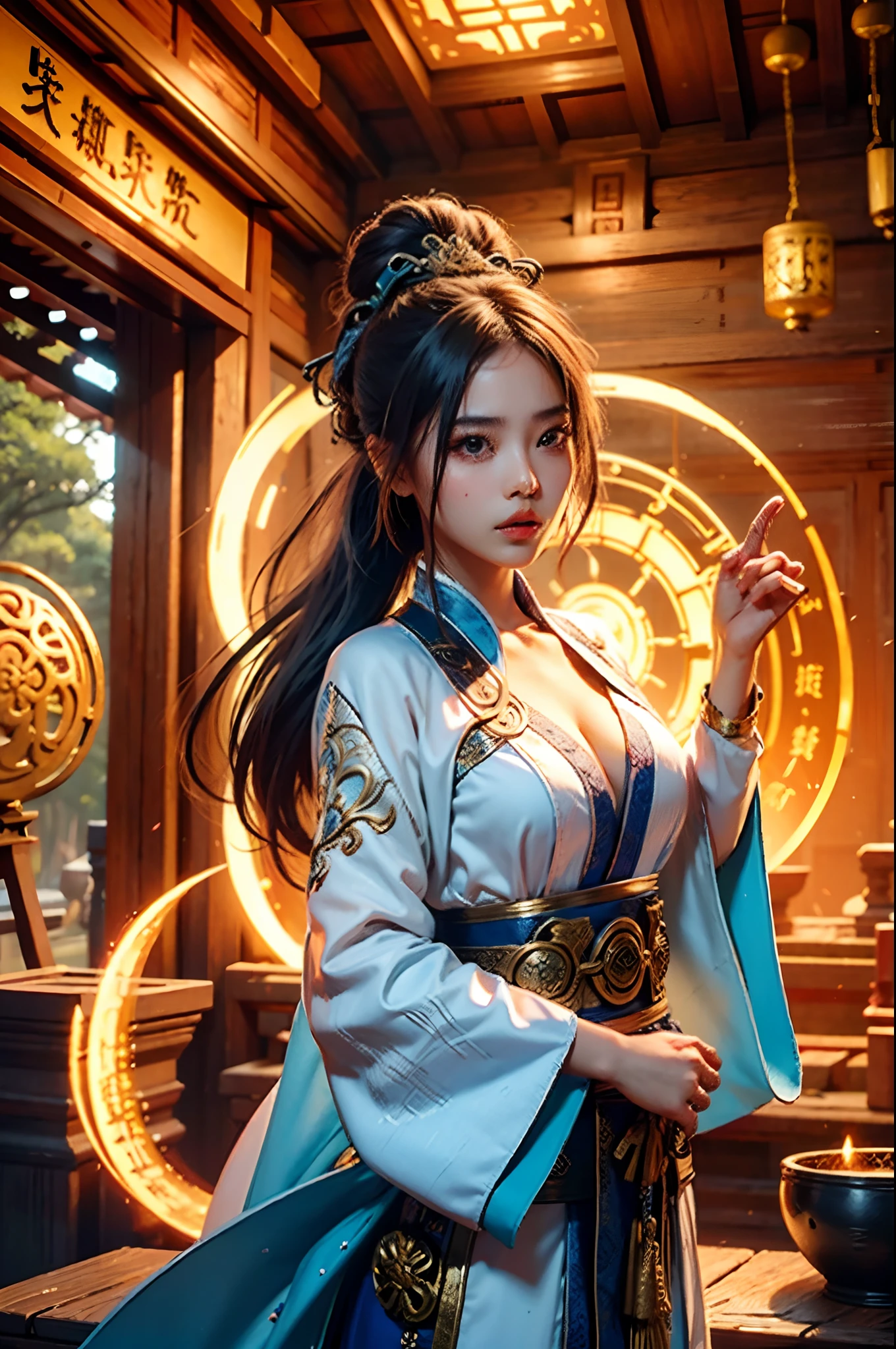 Best quality,masterpiece,ultra high res,(photorealistic:1.4),xiuxian,weapon,Detailed face,
1girl,solo,weapon,cleavage,(magic circle:1.2),xiuxian,upper body,Beautiful girl,full body,east asian architecture,sheath,architecture,