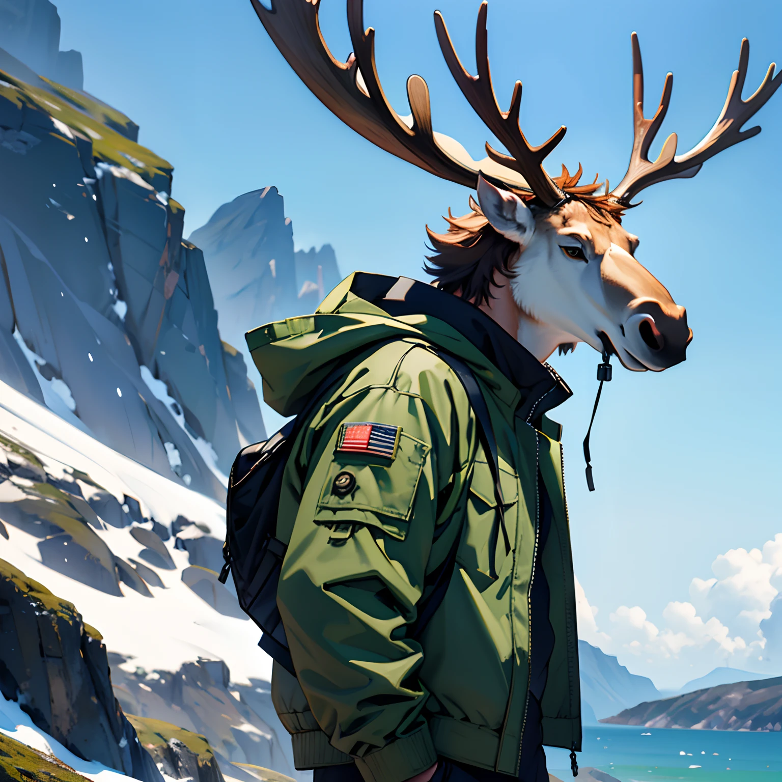 Moose-headed man, large antlers, camo green jacket, standing on top of mountain, side view, alone, ocean, close up, focus shot