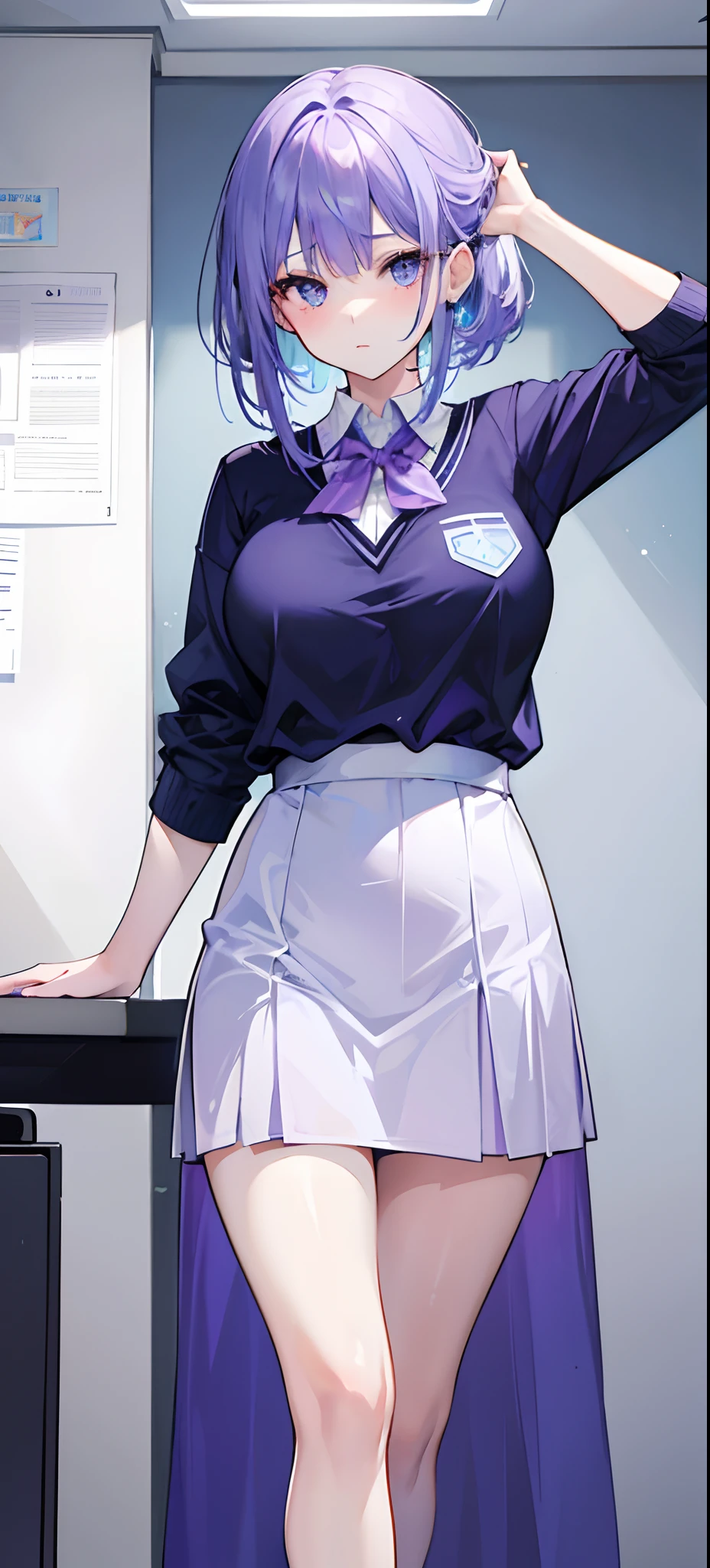 Light purple-blue hair，Crystal clear teacher uniforms，Beautiful female teacher with a fresh and fresh feeling