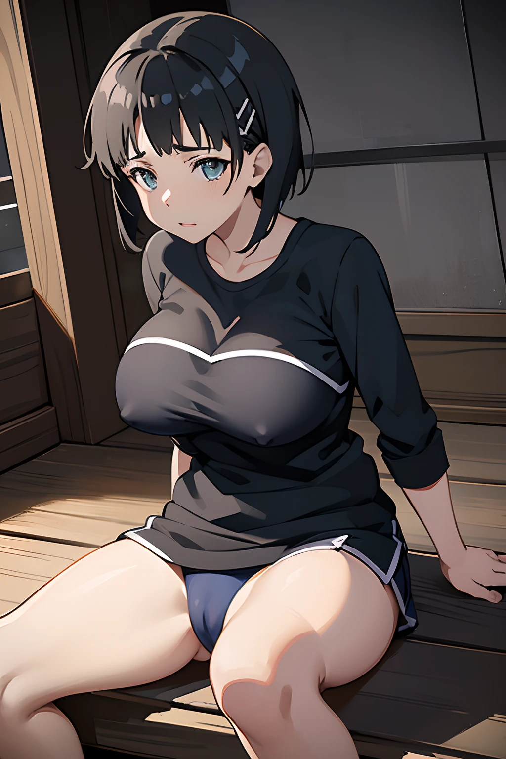 Naoha Kirigaya(sword art online), 1girl, ​masterpiece、top-quality、black short hair, nsfw, School swim wear、huge tit、{orgasm}, {lovejuice}, {Roach in vagina},