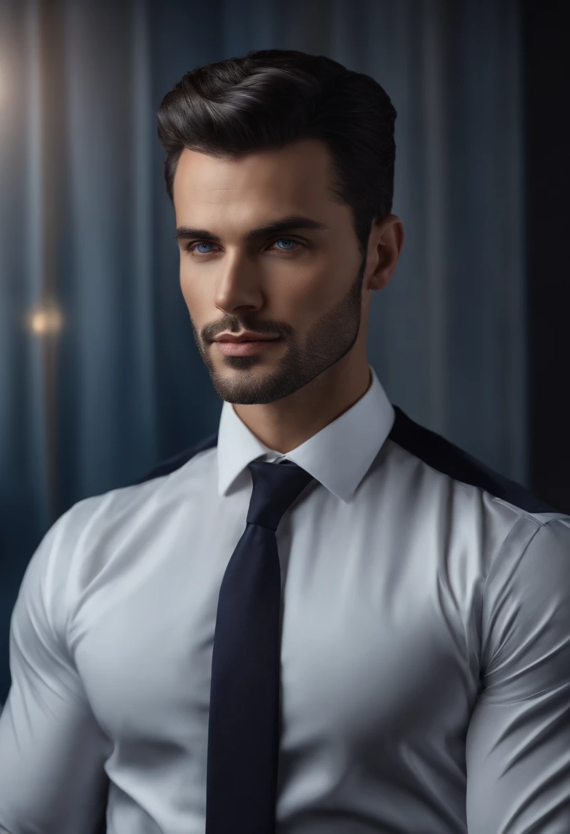 (professional man in stylish clothes), (no beard,) (blue eyes) (portrait) Handsome and serious appearance, dark blue hair, Elegant and elegant, and strong body very formal white shirt, (Picture realistic and high quality), ((Best quality, 8k, master piece).