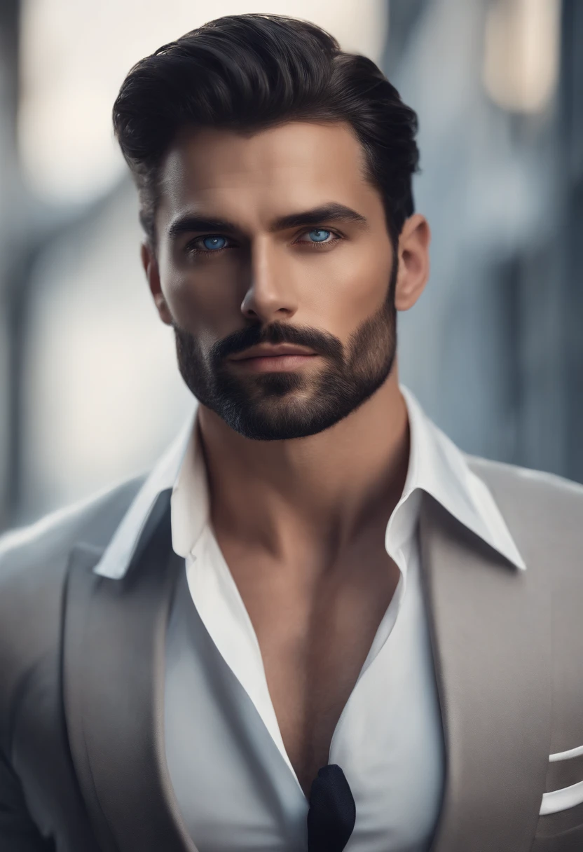 (professional man in stylish clothes), (no beard,) (blue eyes) (portrait) Handsome and serious appearance, dark blue hair, Elegant and elegant, and strong body very formal white shirt, (Picture realistic and high quality), ((Best quality, 8k, master piece).