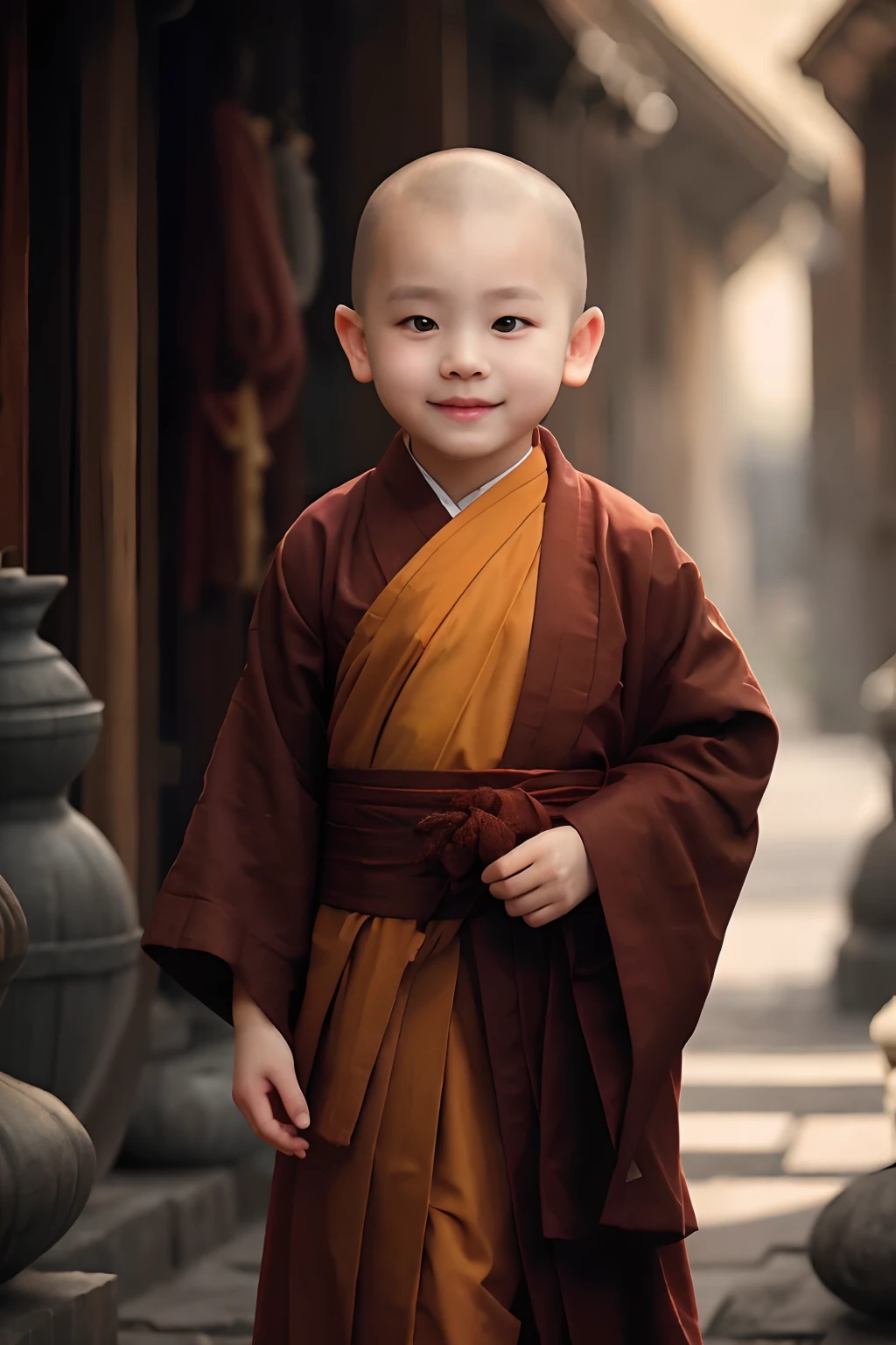 A child in a monk's robe stands in a narrow alley, monk clothes, portrait of monk, buddhist monk, wearing brown robes, monk, 2 1 st century monk, Portrait shooting, wojtek fus, full body picture of a male monk, dressed in simple robes, Buddhist, ********** wearing nun outfit, Smile Expression，lovely digital painting, Serene expression, wearing a long flowing robe